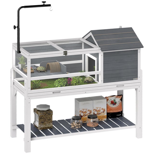 Terrário para Tartarugas 124x55x109cm com Suporte Lâmpada Ajustável Bandeja Removível Branco Cinza