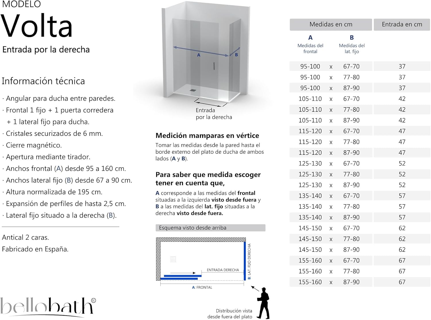 BELLOBATH - Cabina de duche angular 1 porta deslizante + 2 fixas - Vidro Antical - Negro - Largura Adaptável 125-130x87-90 - Porta Direita - 5