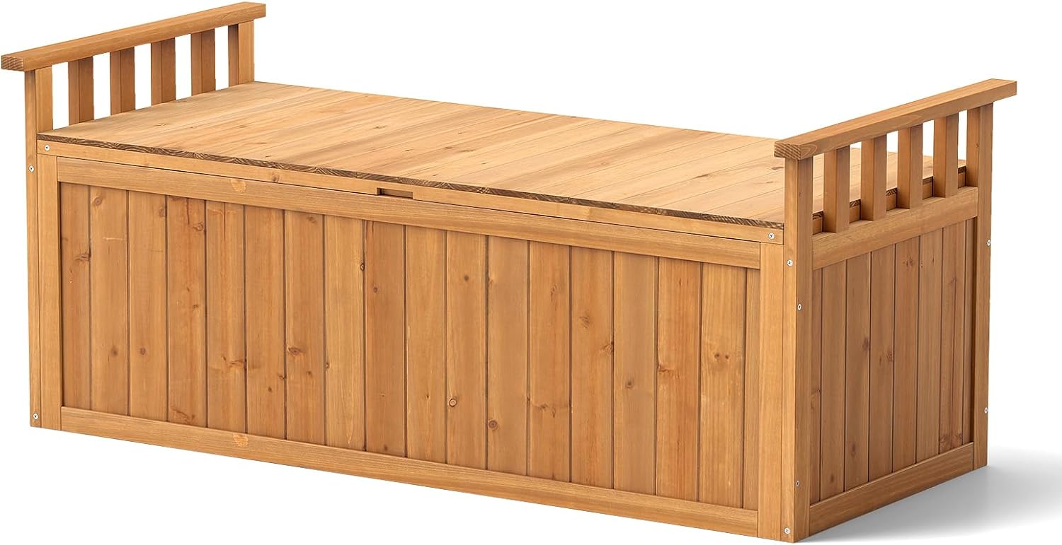 Banc de Rangement d'Extérieur en Bois, Banc d'Extérieur à 2 Places de 209 L avec Accoudoirs, pour Outils de Jardin, Charge 100KG - 9
