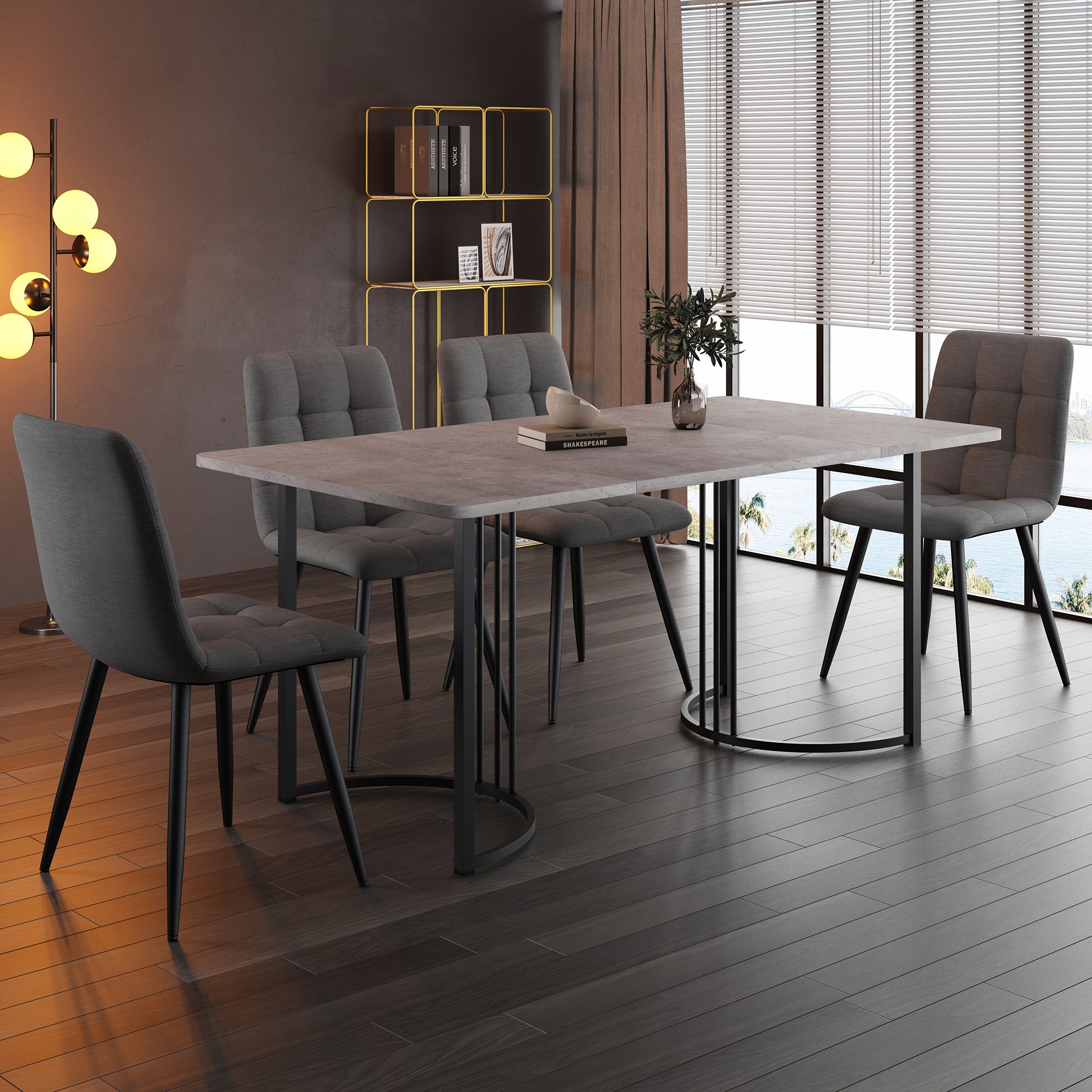 Zestaw stół jadalny + 4 krzesła welurowe - 140 x 80 x 75 cm - płyta MDF + regulowane nogi metalowe w kolorze złotym - biały + czarny