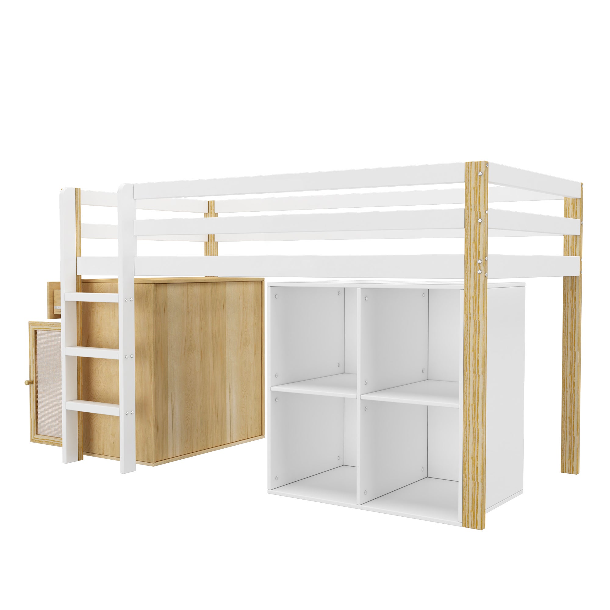 Łóżko piętrowe dla dzieci 90 x 200 cm - 2 szafy i drabinka - Drewno lite + MDF - Kolor naturalny + biały (materac nie jest wliczony w cenę) - 9