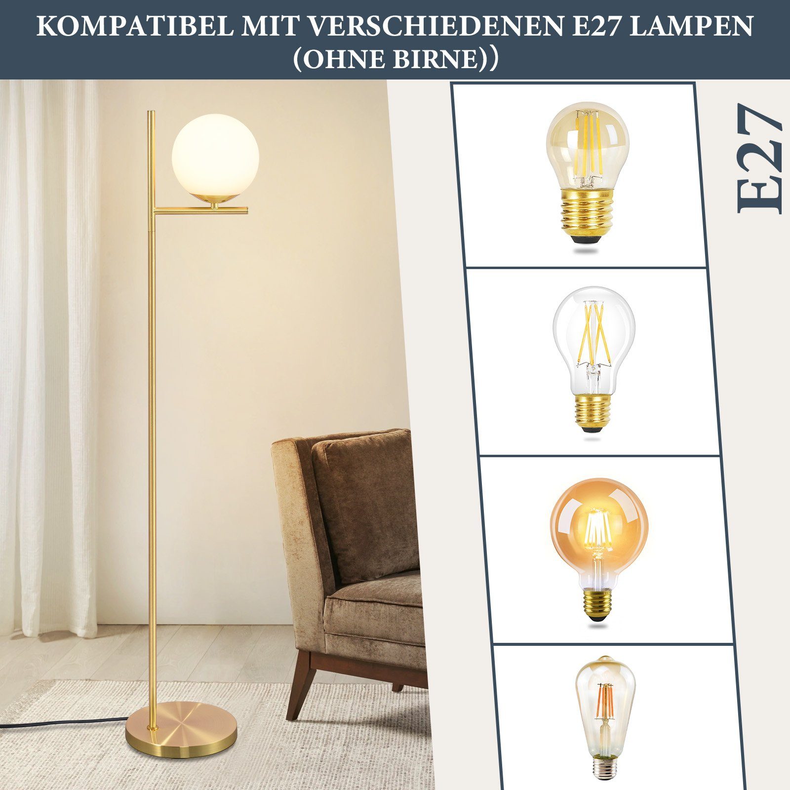 ZMH Lampadaire Vintage Doré 166cm Métal & Verre Blanc E27 Interrupteur au Pied Câble 2m Pour Salon Bureau - 5