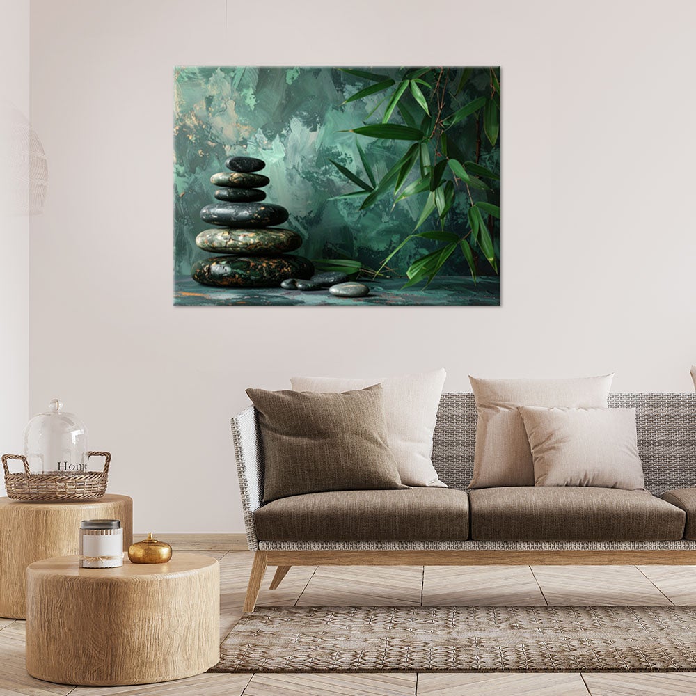 Obraz do salonu sypialni biura, Kamienie zen bambus na zielonym tle 120x80 - 2