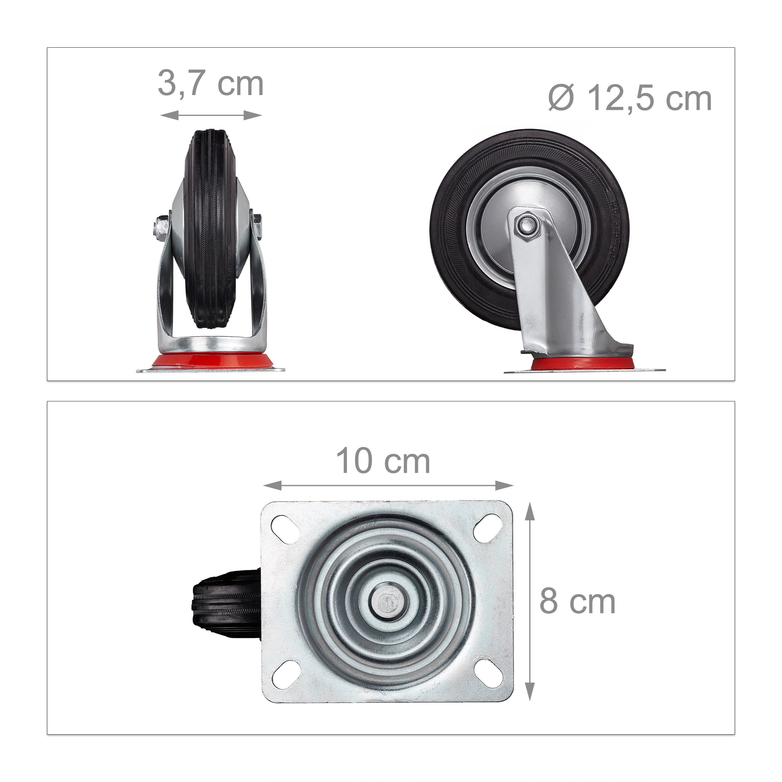 Roues charge lourde jeu de 4, pivotent à 360°, roulement à billes, 2 freins, capacité 320 kg, 125 mm, noires, Relaxdays - 4