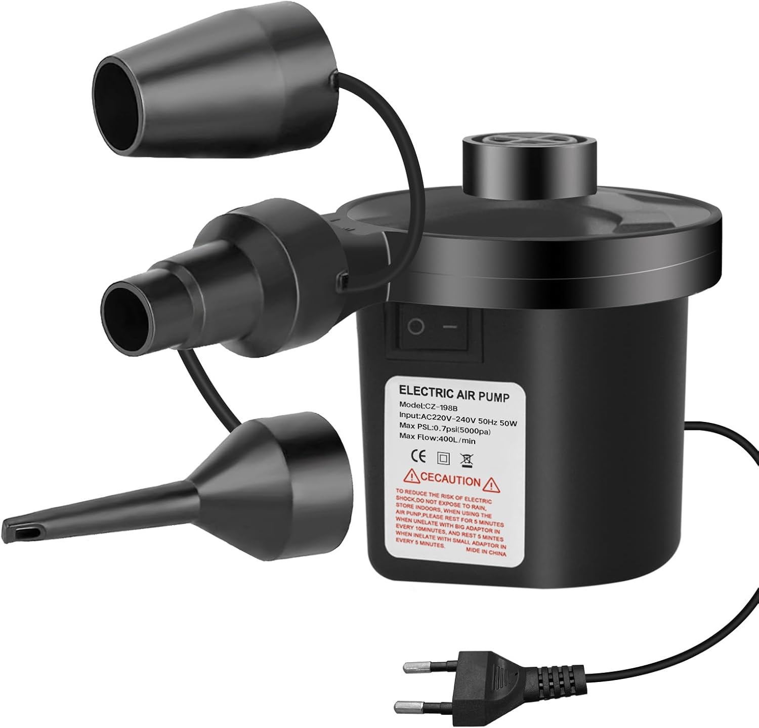 Elektryczna pompka powietrza 240V do pompowania i wypompowywania, z 3 dyszami, wysokiej mocy pompka do materacy pneumatycznych, materacy dmuchanych,