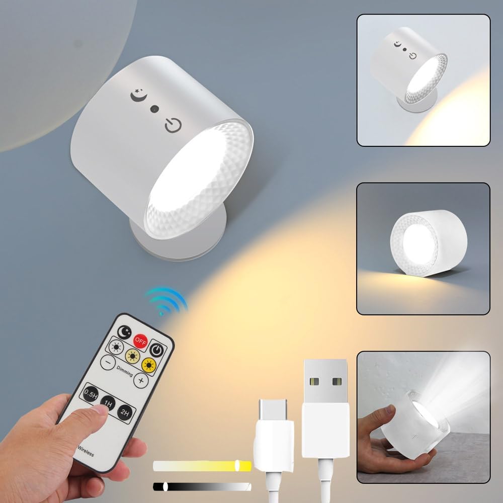 Lampa ścienna ładowana przez USB, obrotowa o 360°, dwustronne oświetlenie, 3 temperatury barwowe (biała, 1 sztuka)