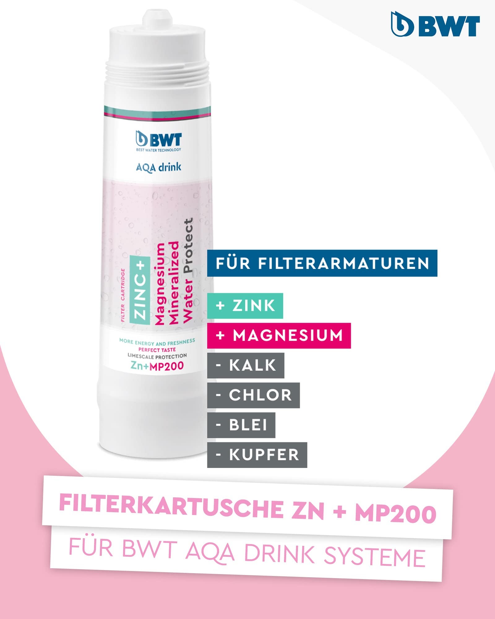 BWT Cartuccia filtrante AQA drink ZINC + MP200 | Filtro acqua potabile | riduce le sostanze nocive nell'acqua del rubinetto | con zinco + magnesio per - 2
