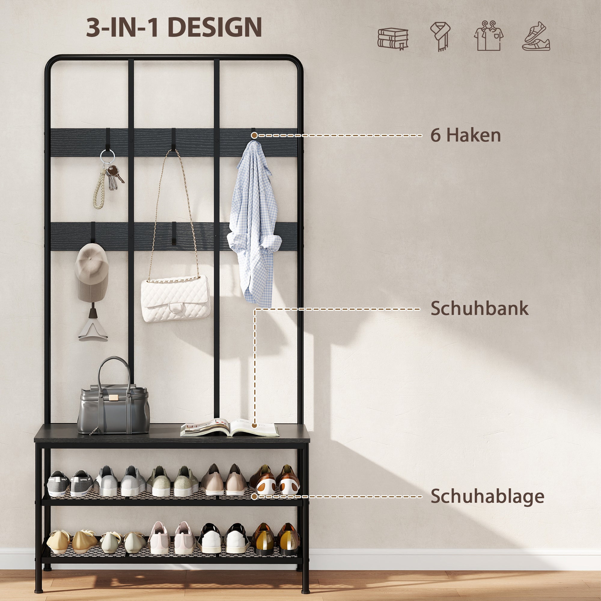 Commode 3 en 1 : porte-manteau, patère, banc, étagère à chaussures, métal, panneau de fibres, noir - 6