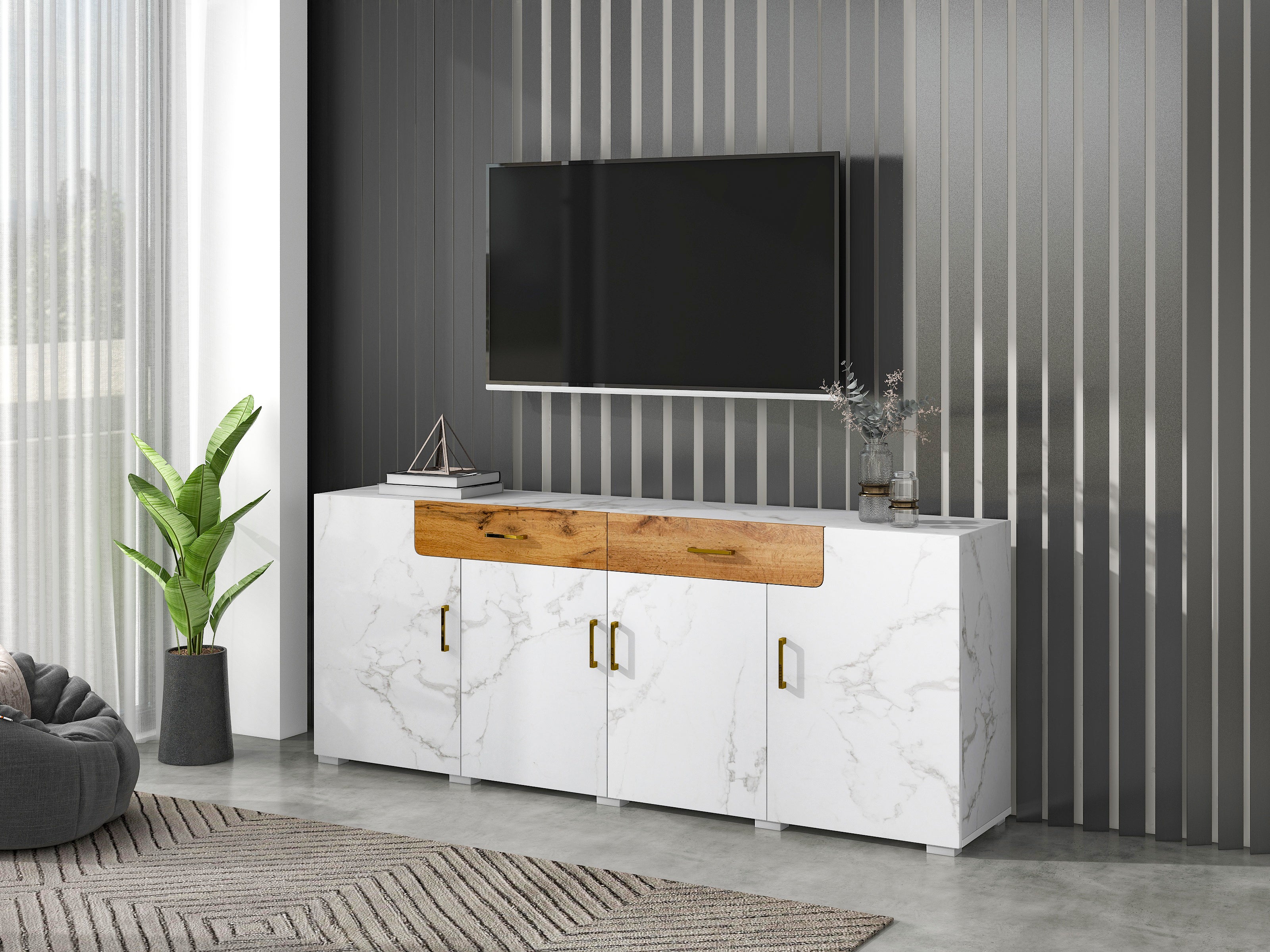 Buffet avec 4 Portes et 2 Tiroirs - Meuble Bas Design en Panneaux de ...