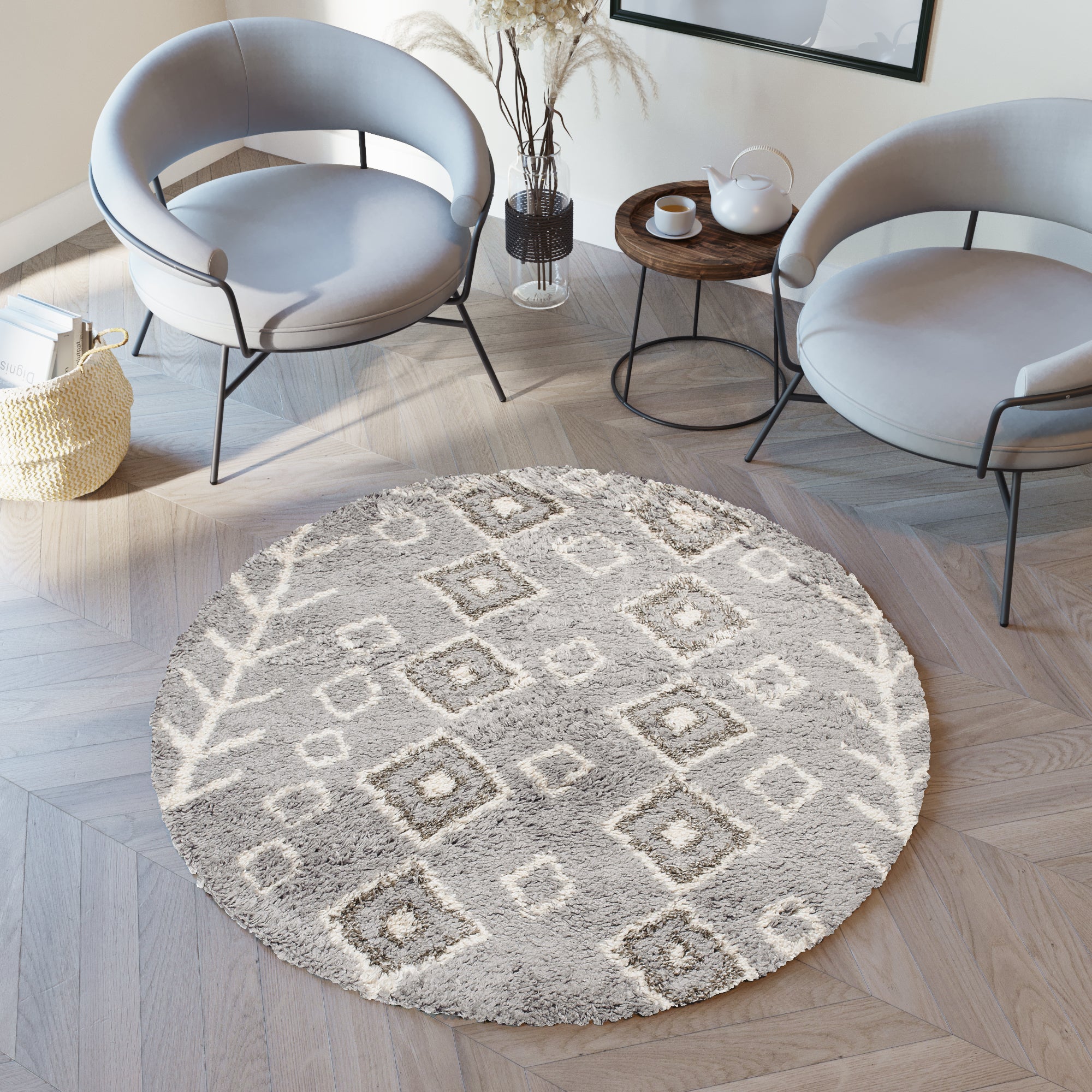 TAPISO Boho Rotondo Tappeto Salotto Camera da Letto Soggiorno Peloso Shaggy Grigio Crema Marocchino Pelo Lungo 200 x 200 cm | Leroy Merlin
