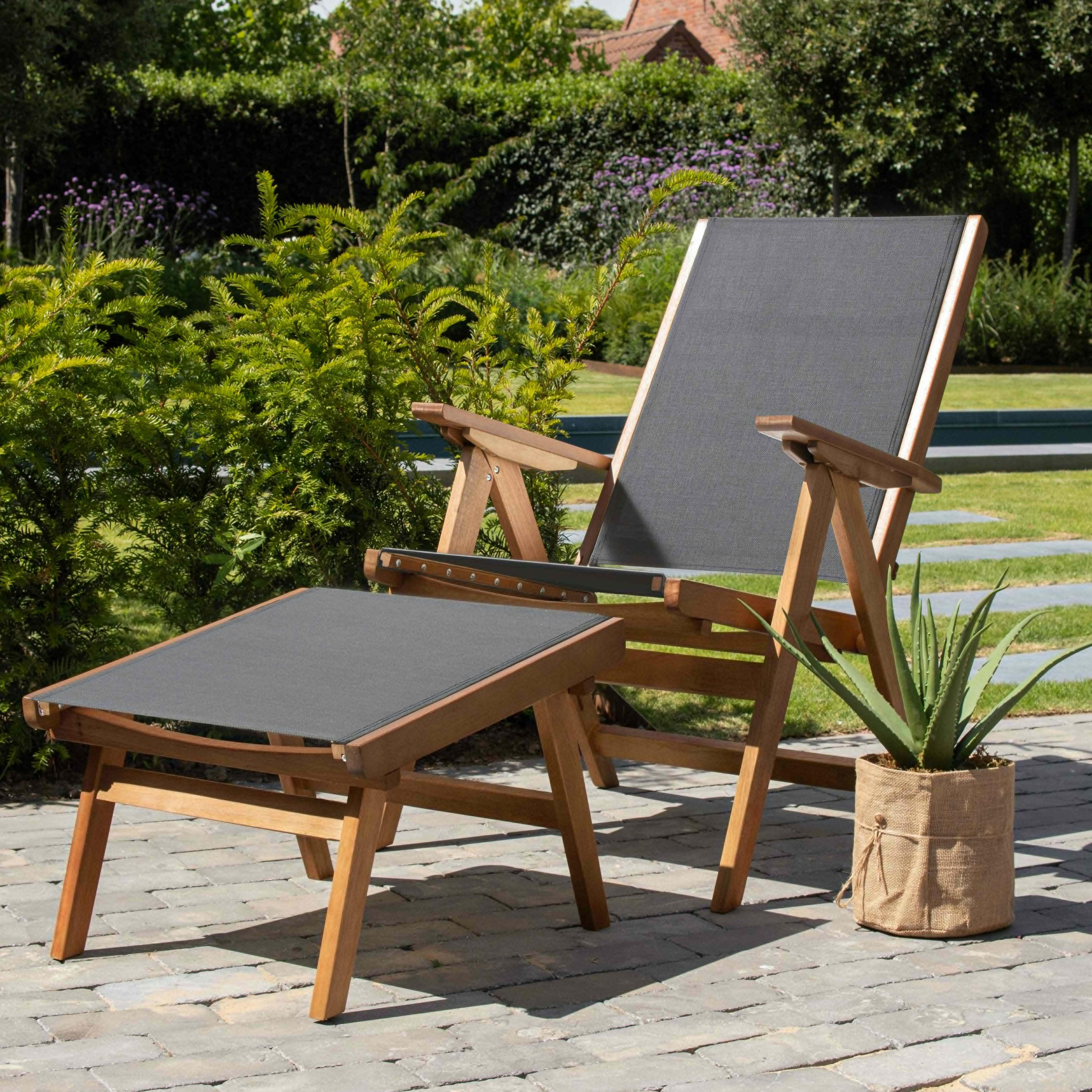 Fauteuil relax en bois d'eucalyptus avec repose-pieds gris - 2
