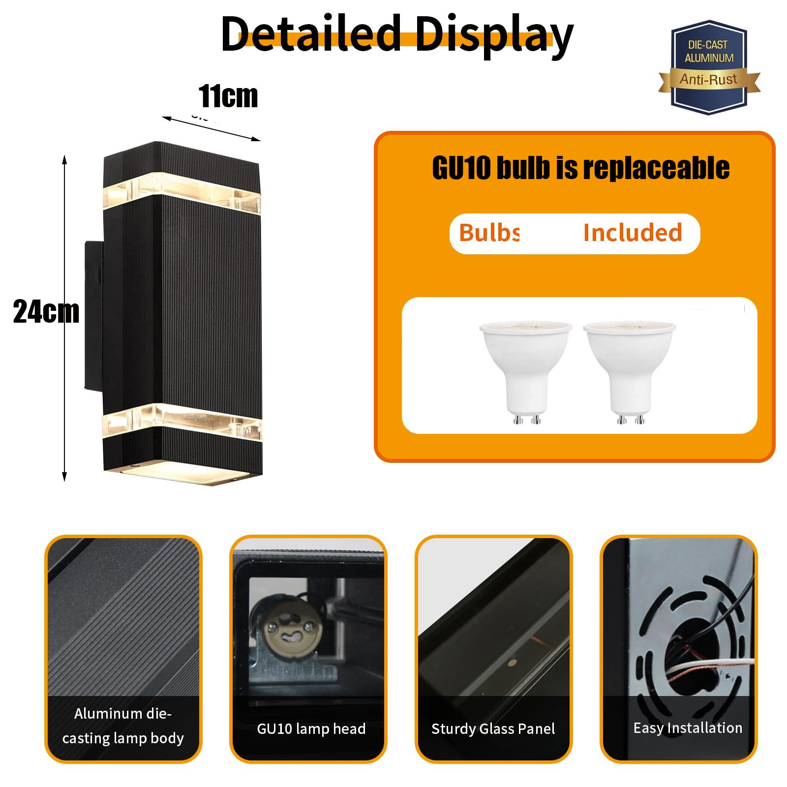 Set di 2 applique da parete moderne per esterni, in alluminio impermeabile, con luce dal basso verso l'alto, per verande e garage, 3000K (24*11cm) - 4