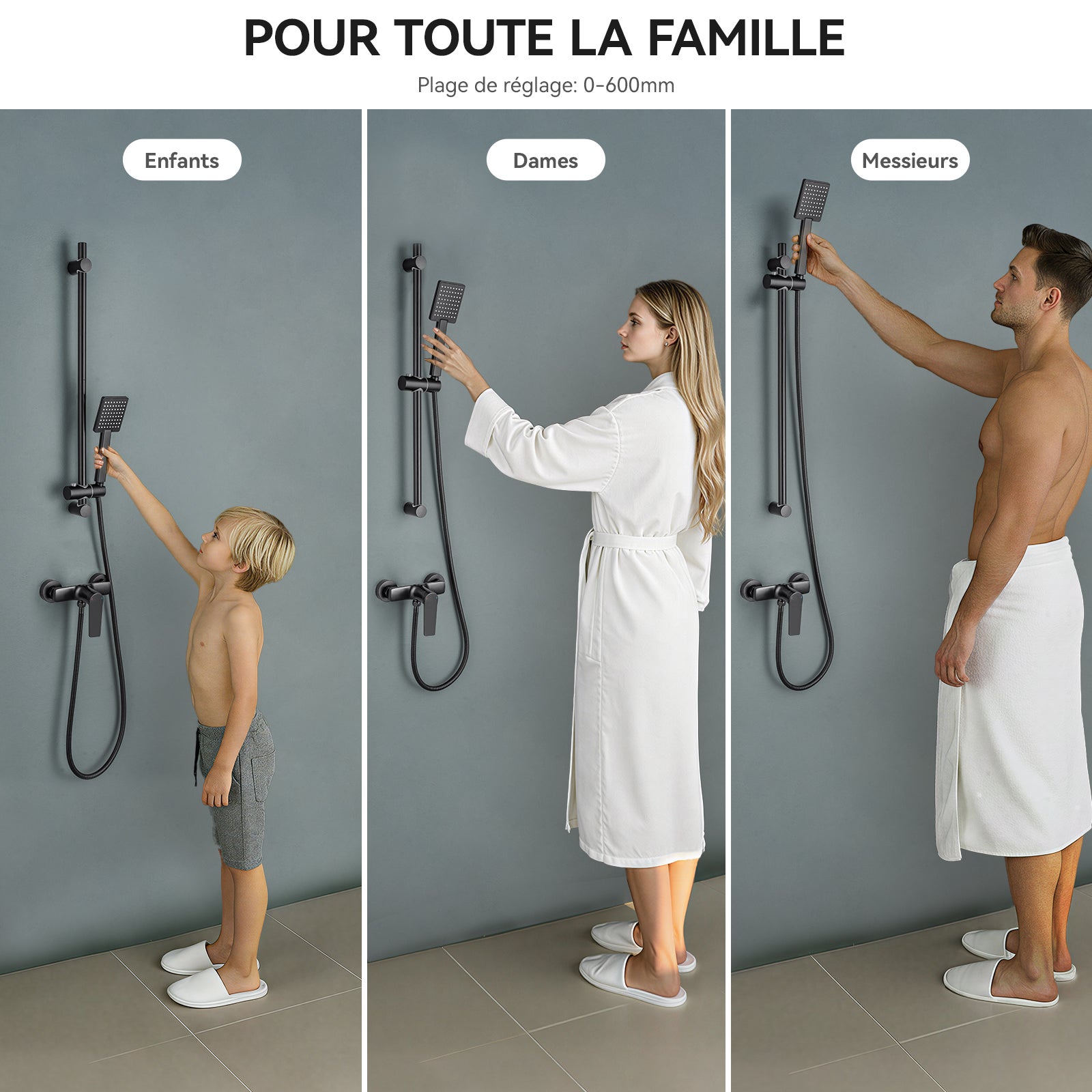 Barre de Douche en inox 70 cm avec Support de Pommeau de Douche /étagère de douche,fixations murales réglables,avec support de douchette,noir - 2
