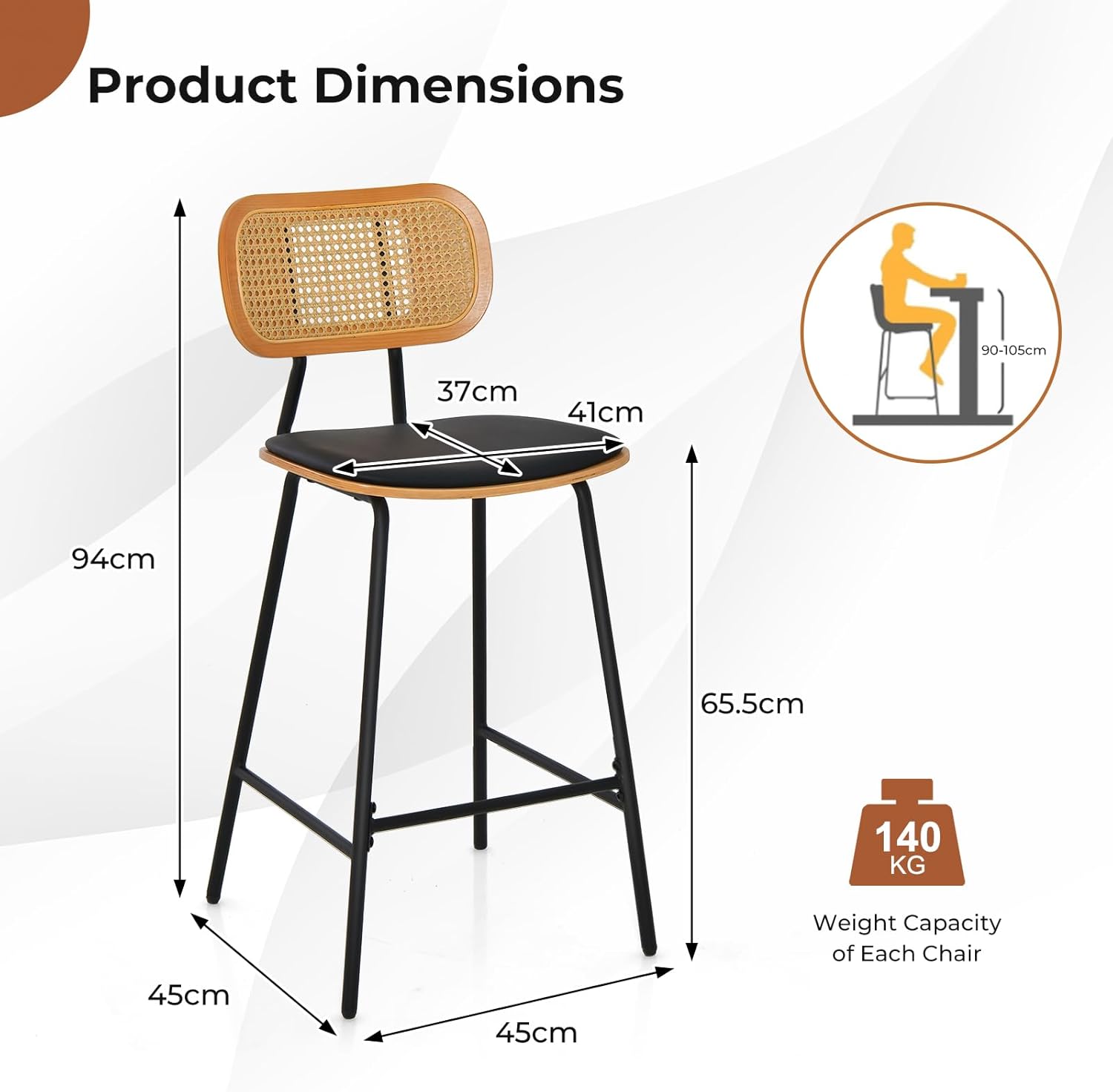 Zestaw 2 Stołków Barowych z Oparciem z Rattanu, Metalowymi Nogami, Krzesłami do Jadalni z Wygiętym Siedziskiem z Tapicerką i 3-Stronnym Podnóżkiem - 3