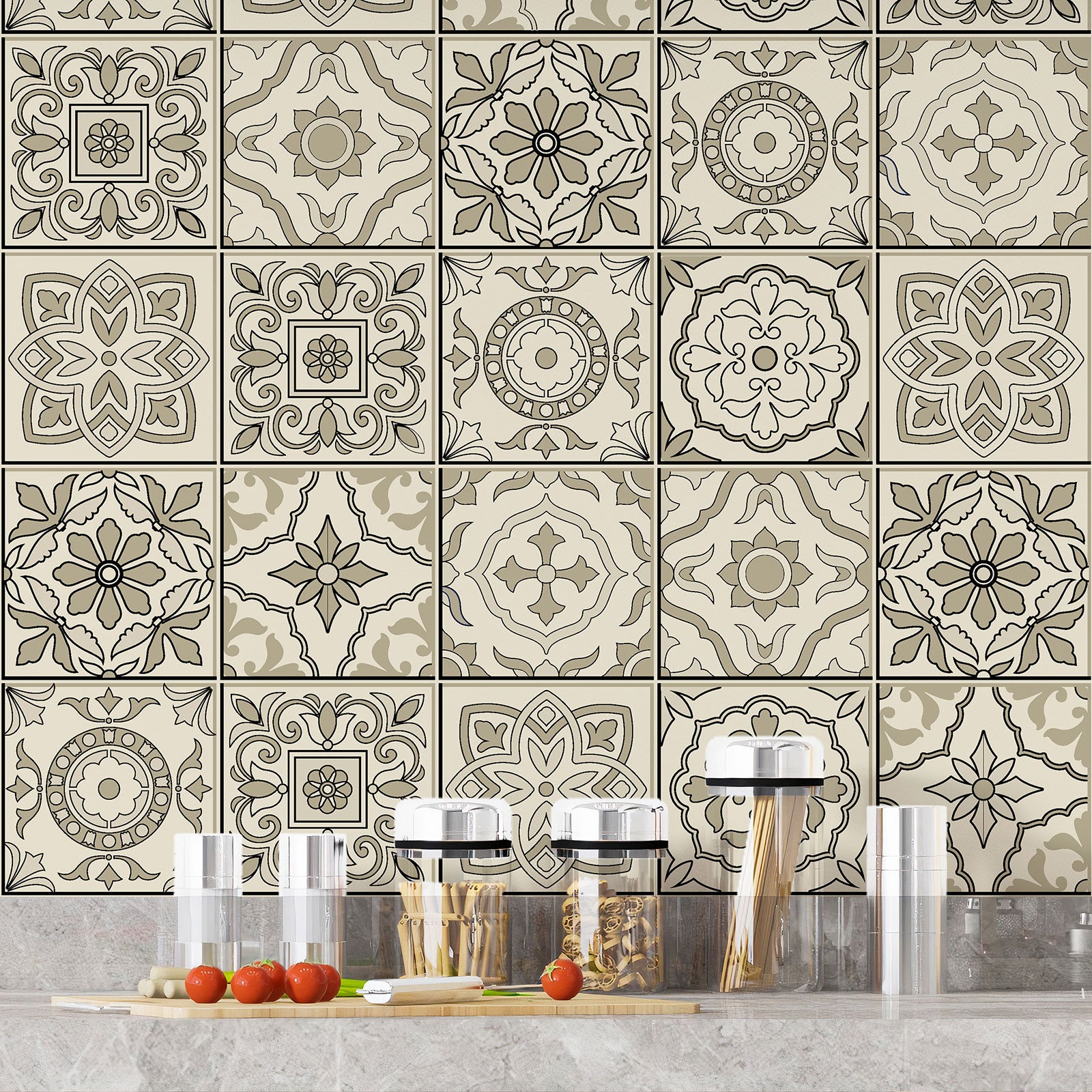 Crédence adhésive sticker décoratif pour cuisine - Effet carreaux de ciment - Adhésif MAT - 60x60 cm - 4