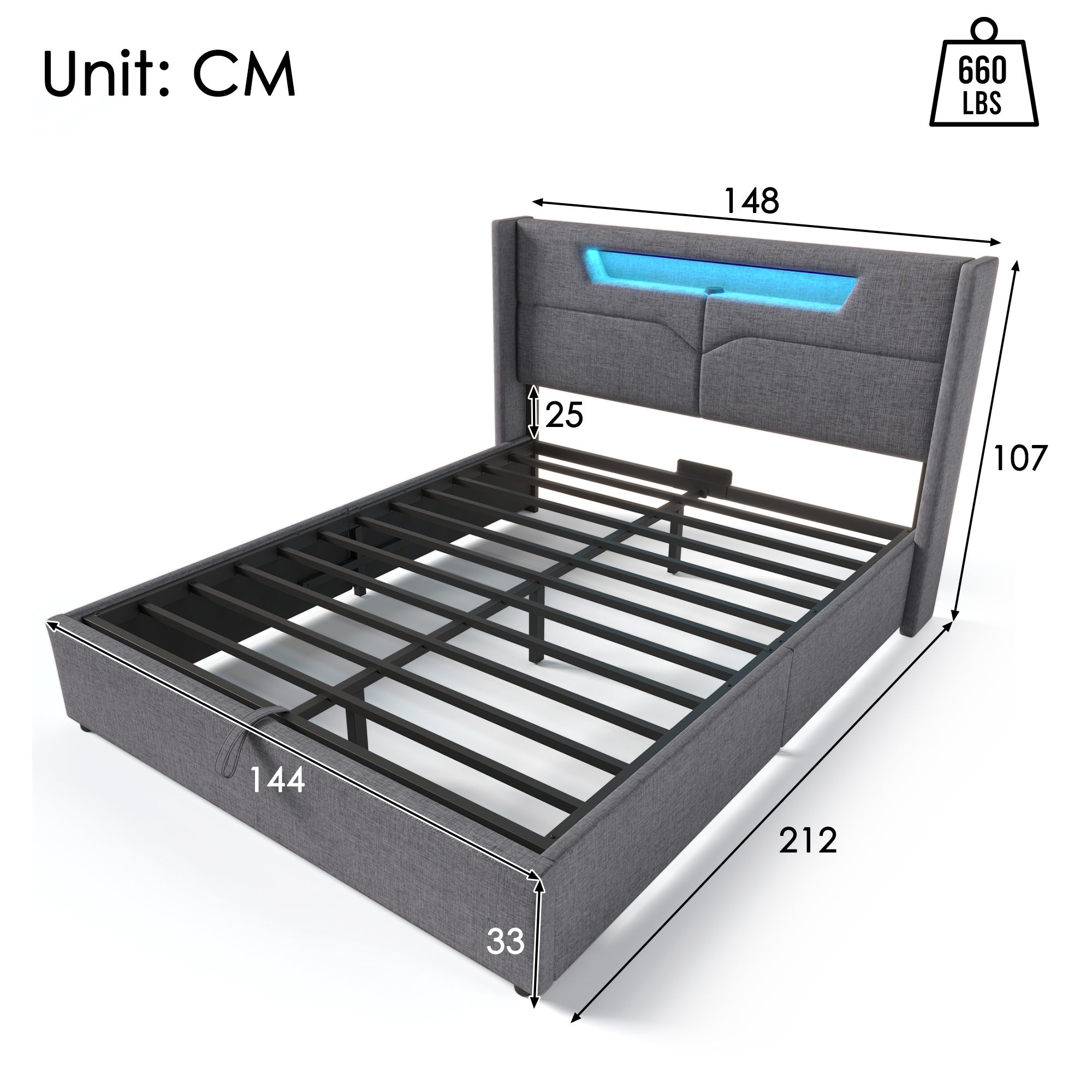 Cama contenedor para adultos 140 x 200 cm con cabecero - USB + Tipo C + LED - tejido de lino - gris - 4