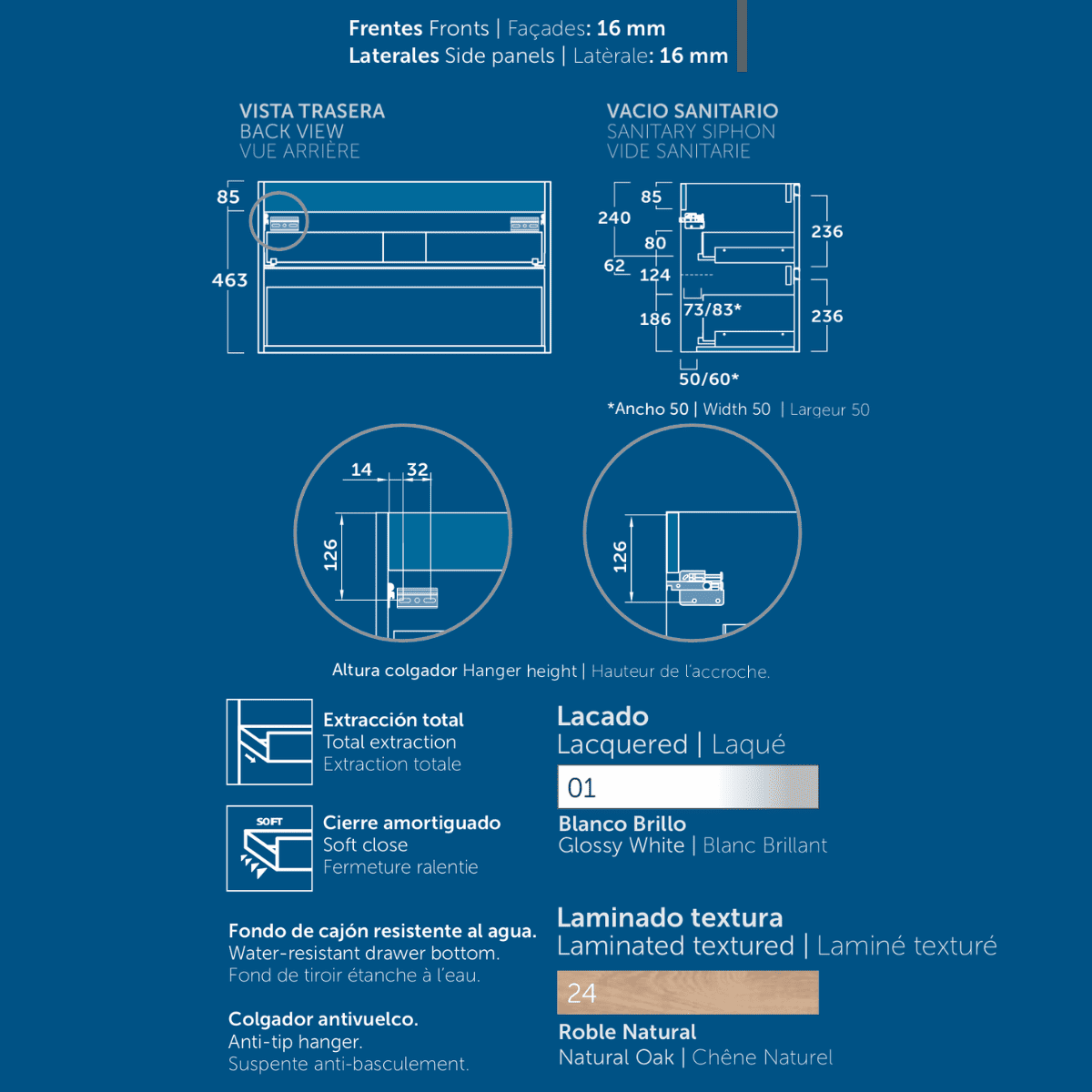 Móveis de Banheiro de Parede com Profundidade Reduzida com Pia de Cerâmica| Móveis Voadores com 2 Gavetas | 50 cm Carvalho Natural - 7