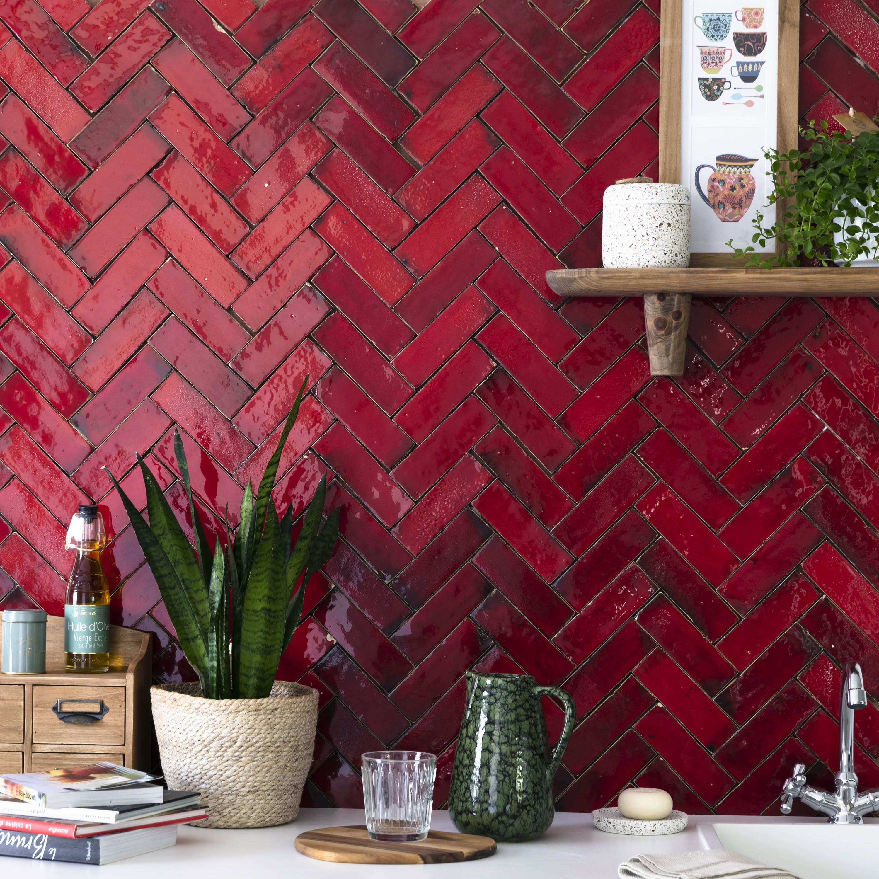 Carrelage Zellige Marocain Rouge Pétillant 5x15 cm (vendu par 1 m² ...
