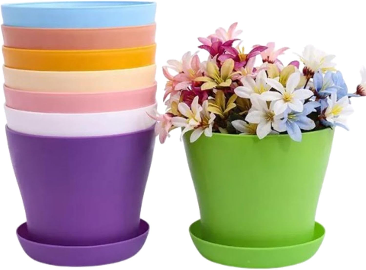 Kolorowe, plastikowe doniczki na kwiaty, 8 sztuk, z tacką ociekową. Doniczki do użytku wewnętrznego z podstawką (14 cm)