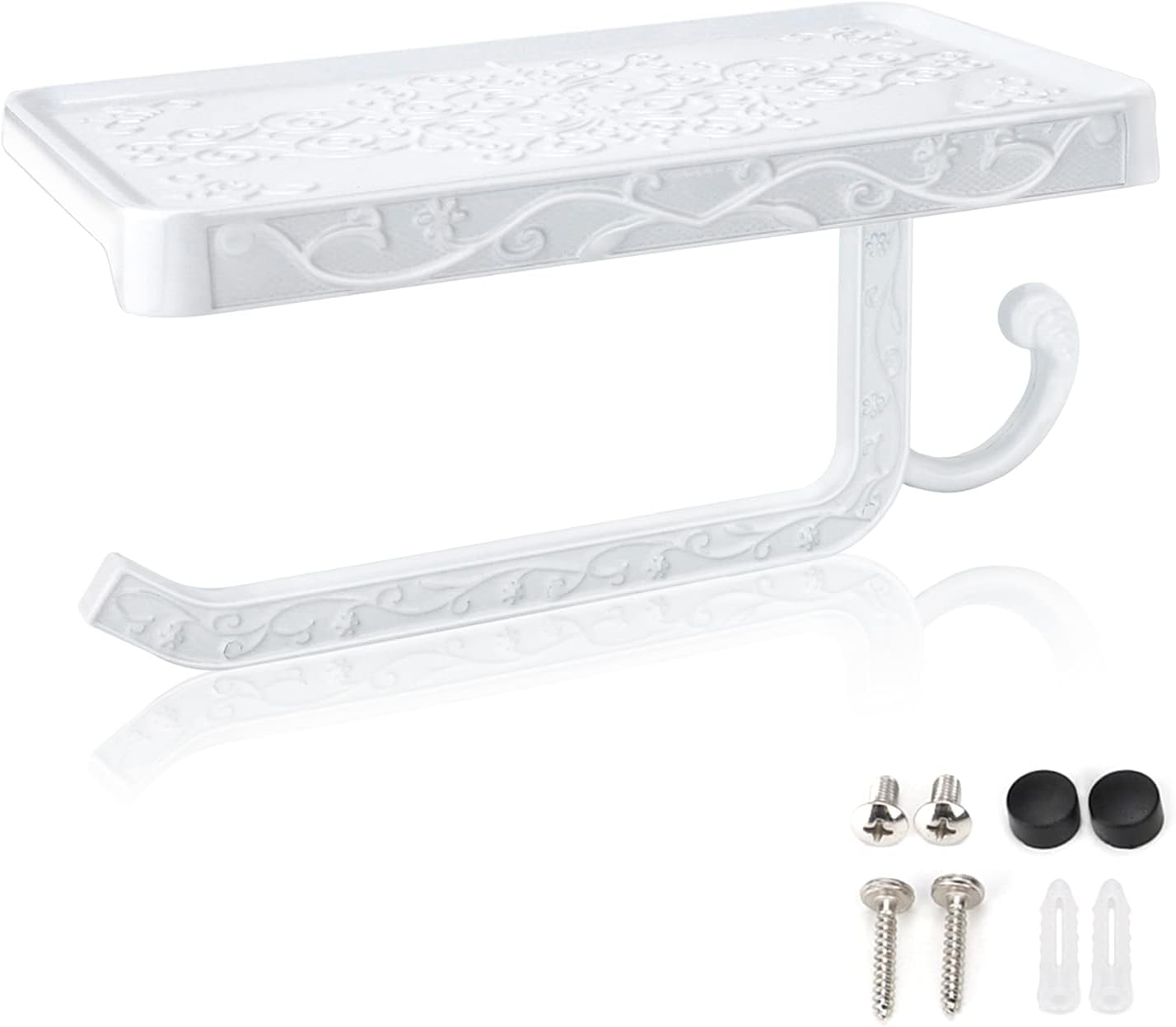 Uchwyt na papier toaletowy montowany na ścianie, uchwyt na papier toaletowy Hicoosee z półką do przechowywania w łazience, biały