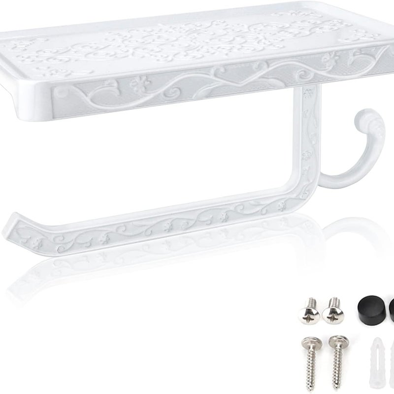 Uchwyt na papier toaletowy montowany na ścianie, uchwyt na papier toaletowy Hicoosee z półką do przechowywania w łazience, biały