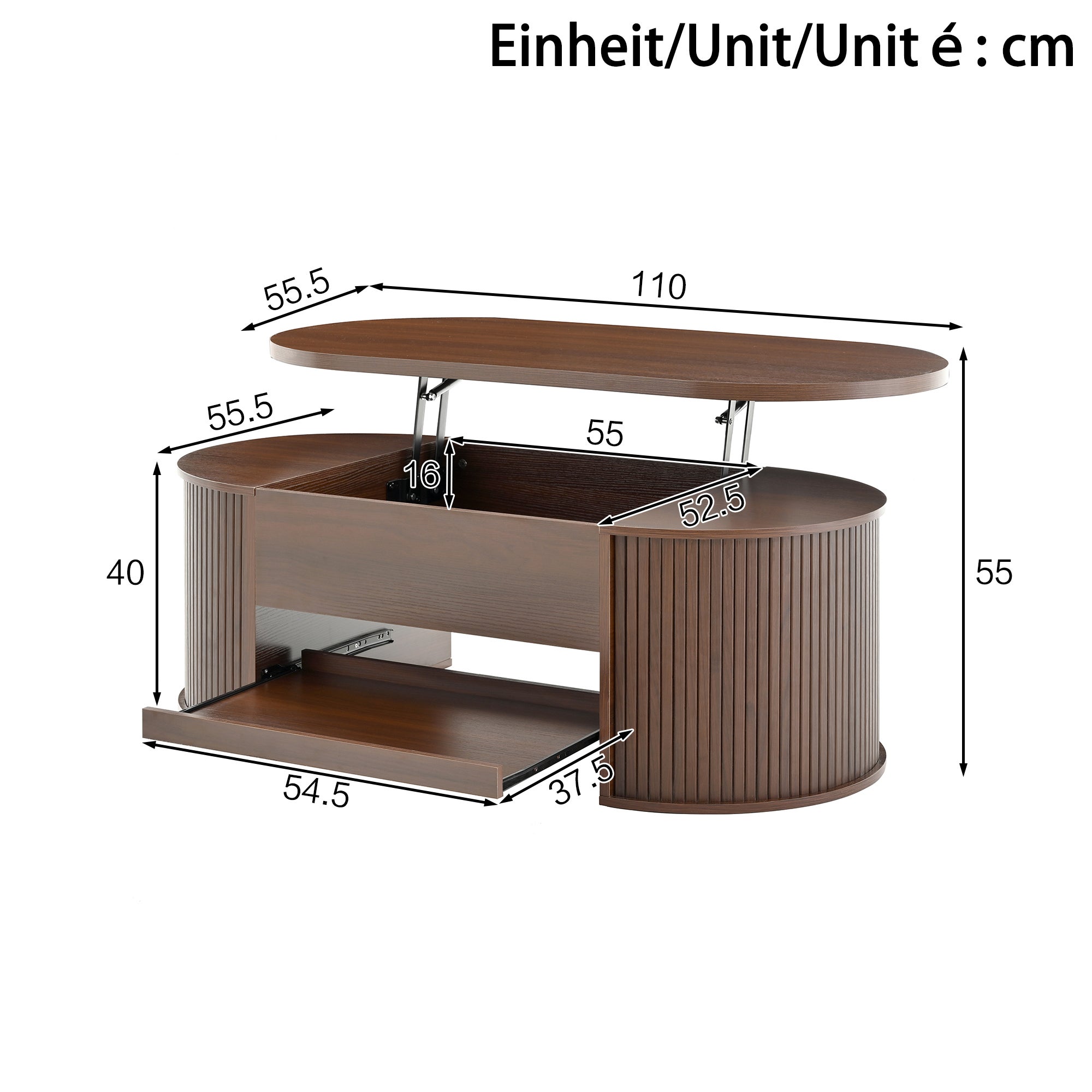 Table basse relevable multifonction 110x55x40 cm, Plateau réglable et étagère coulissante, Bords bois incurvés, Style vintage et gain de place, Noyer - 5