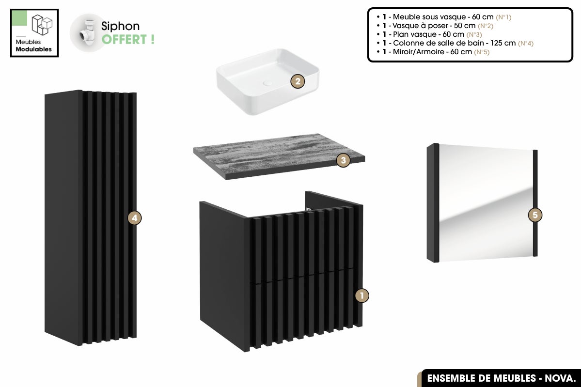 Conjunto de baño completo - mueble - columna - espejo - lavabo sobre encimera con sifón gratis | nova | negro | 60 x 56 x 45 cm