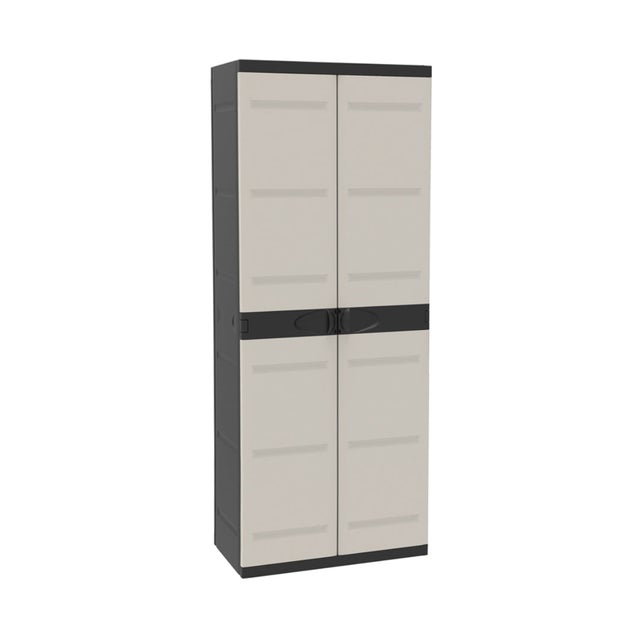 Armoire haute Titanium PLASTIKEN 2 portes 4 étagères 70 x 44 x 176 cm beige et noir