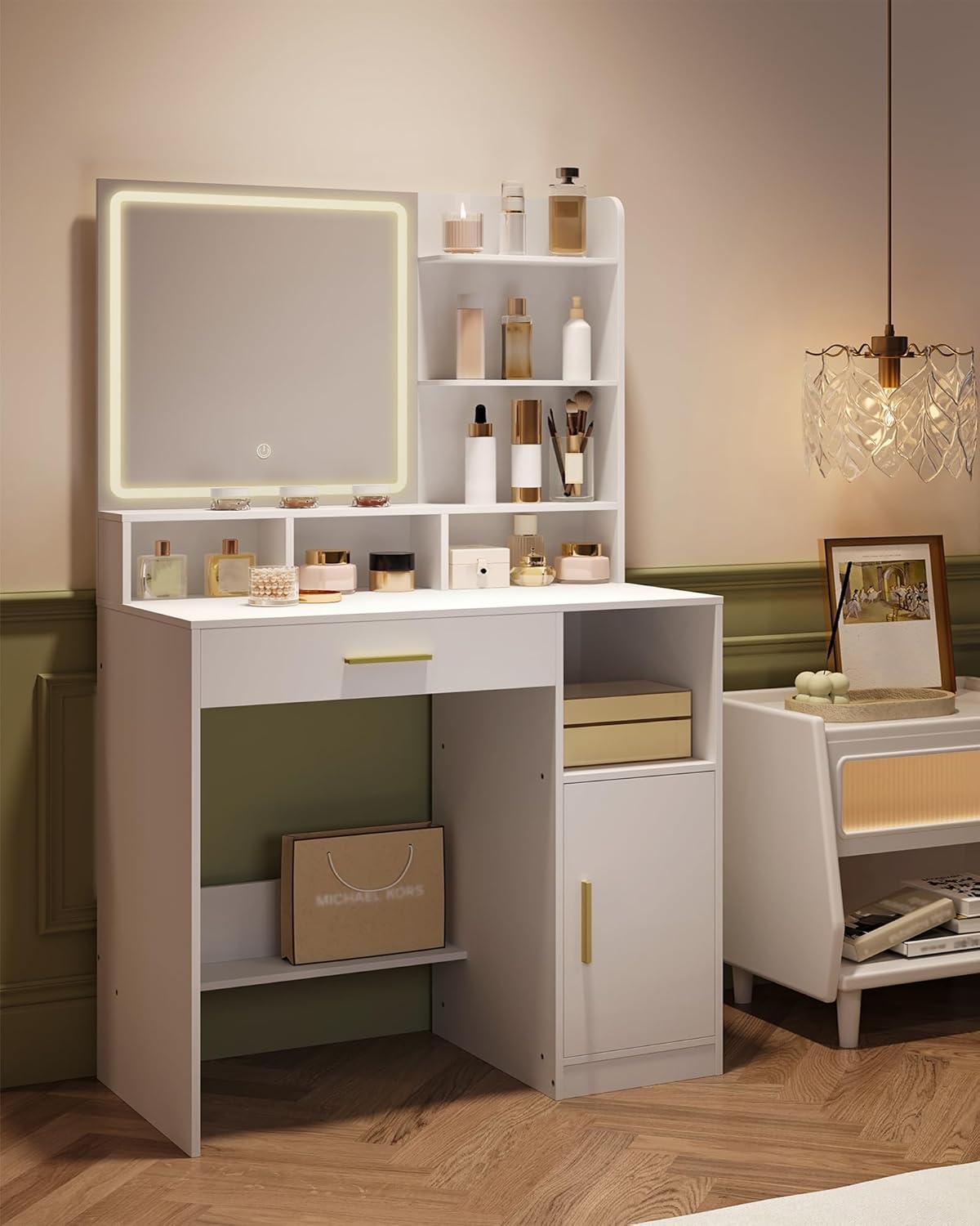 Coiffeuse avec Miroir et éClairage LED, 3 éTagèRes et 4 Compartiments Ouverts, Grands Tiroirs et Rangements, 3 Niveaux D'Intensité RéGlables, Blanc - 4