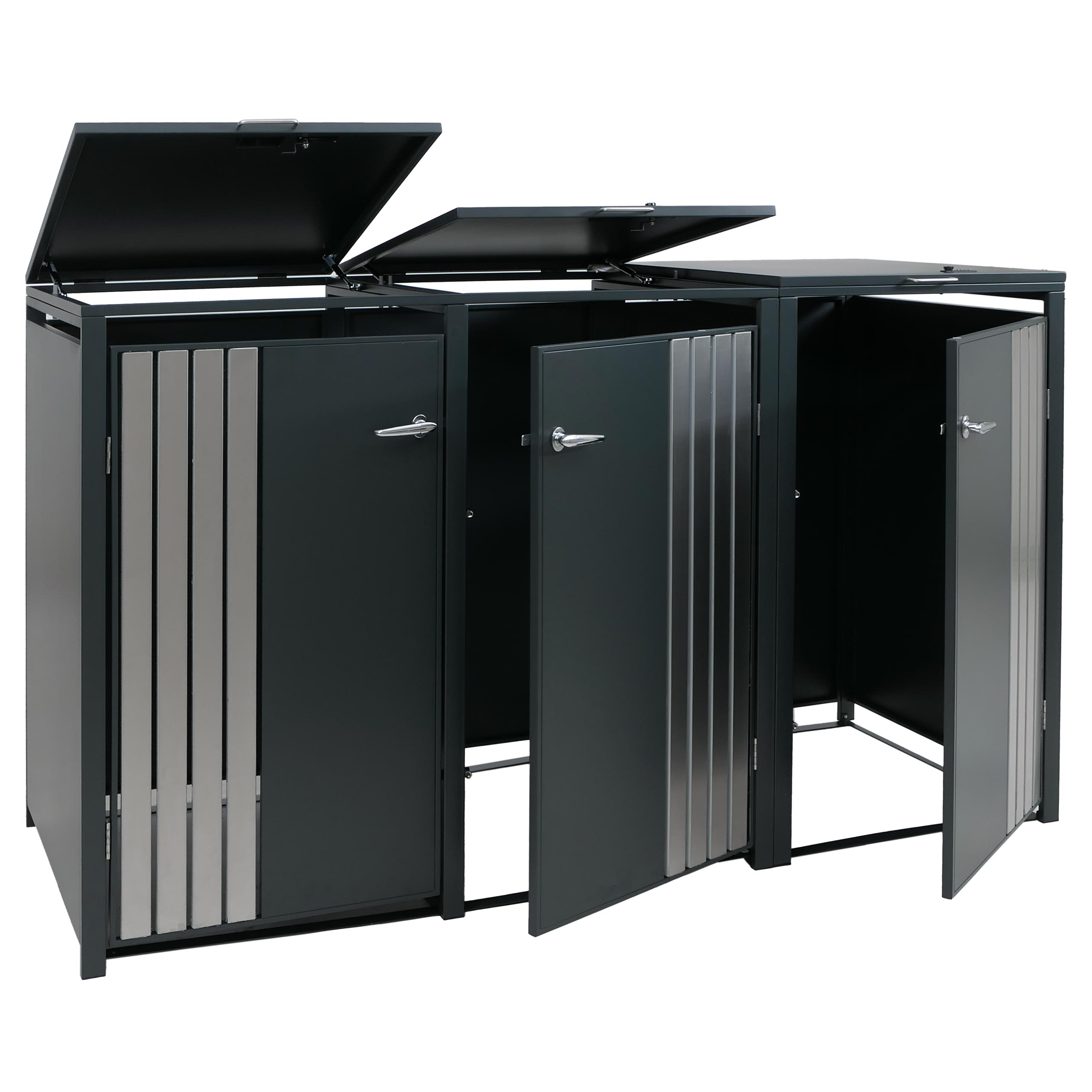 Osłona na 3 pojemniki na śmieci HWC-O67, schowek na pojemniki na śmieci z pokrywą, metal 122 x 200 x 84 cm 83 kg ~ antracytowa stal nierdzewna