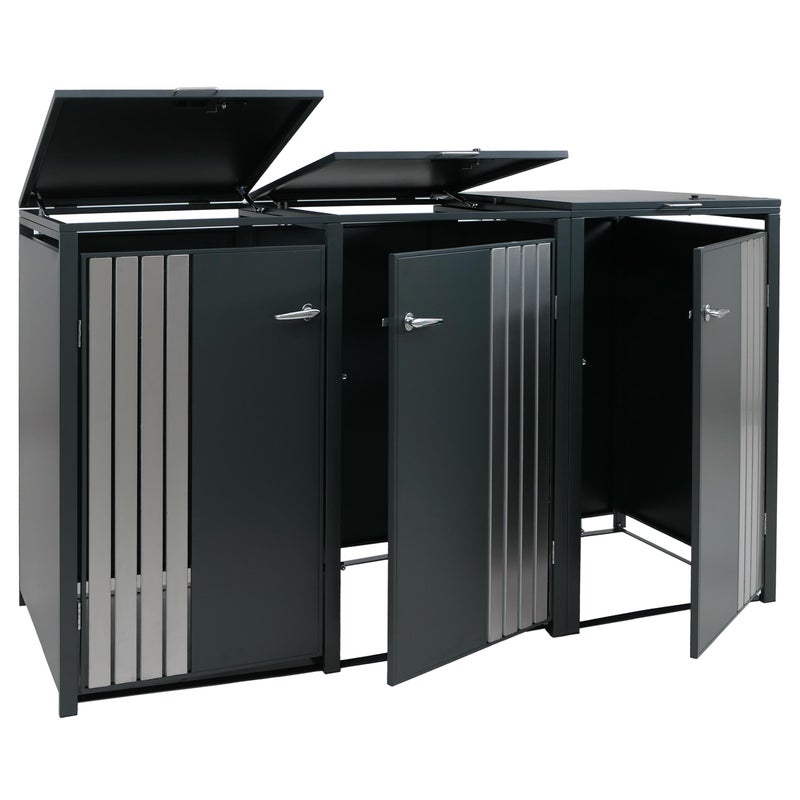 Osłona na 3 pojemniki na śmieci HWC-O67, schowek na pojemniki na śmieci z pokrywą, metal 122 x 200 x 84 cm 83 kg ~ antracytowa stal nierdzewna