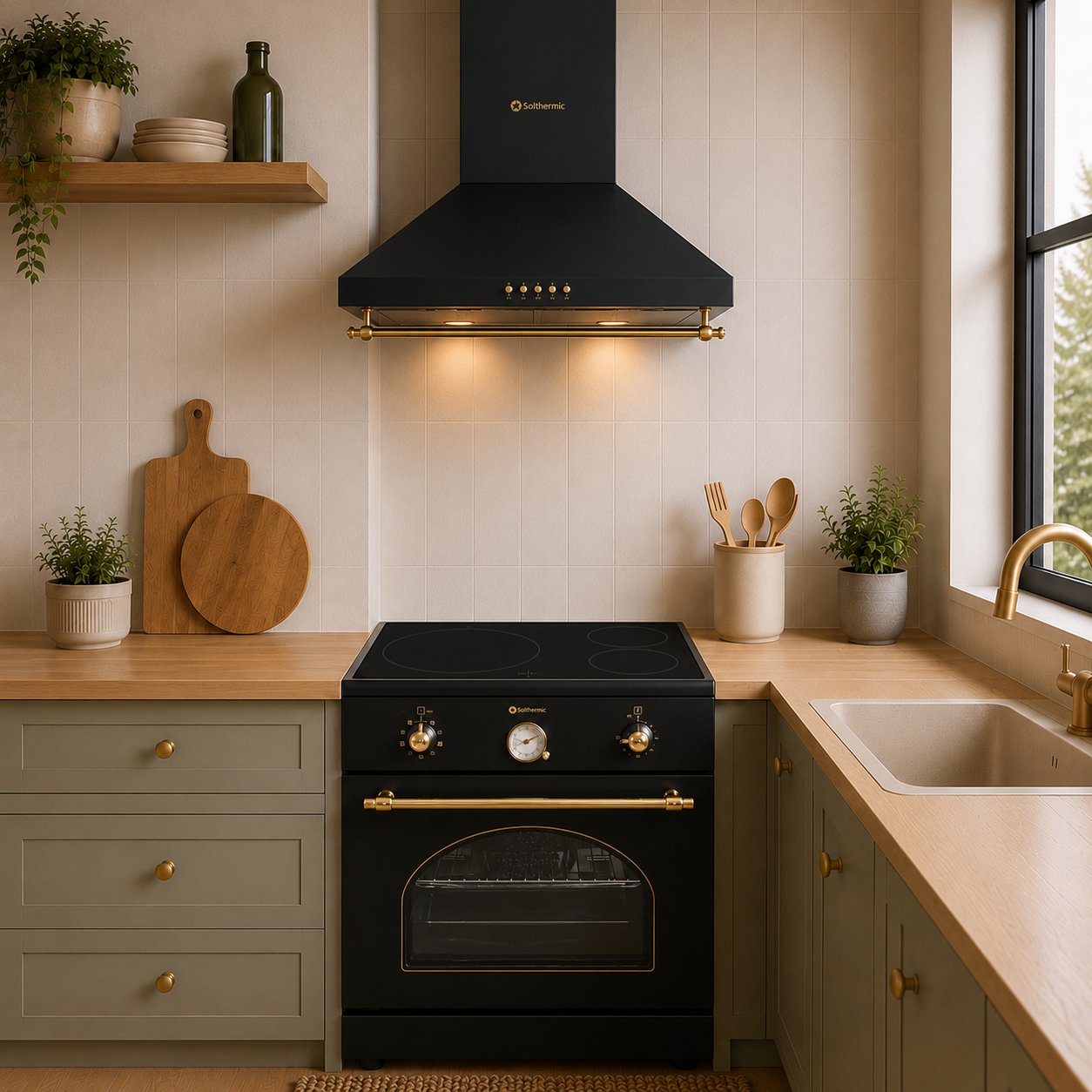 Solthermic Negra/Crema/Negro Conjunto Cocina Inducción Vti60 3 Fuegos 60X60cm + Campana H60pr 60Cm - Imagen 2