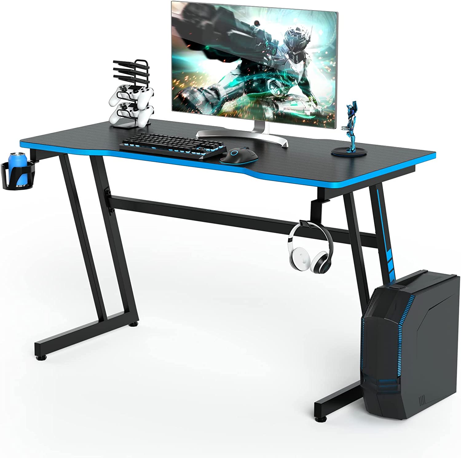 Bureau Gaming Avec LED – Surface Carbone – 120x60cm – Crochets Et Porte-gobelet Inclus – Noir