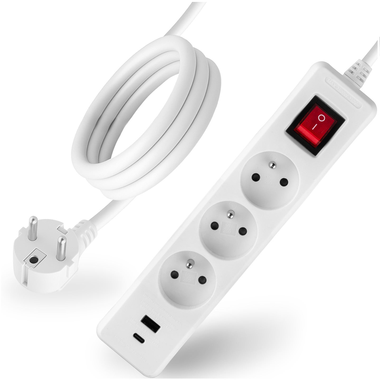 Przedłużacz Sieciowy Lumiled Kabel z Uziemieniem Listwa Zasilająca 3 Gniazda 3m Włącznik ON/OFF Biały USB + USB-C Sznur 1 szt.
