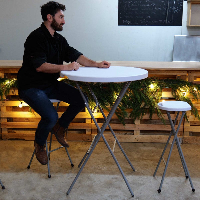 Tabourets haut pliant X2 - Hauteur 80cm - Tabouret de bar pliant - Tabouret mange debout - Siège résine Structure Acier - Blanc - 5