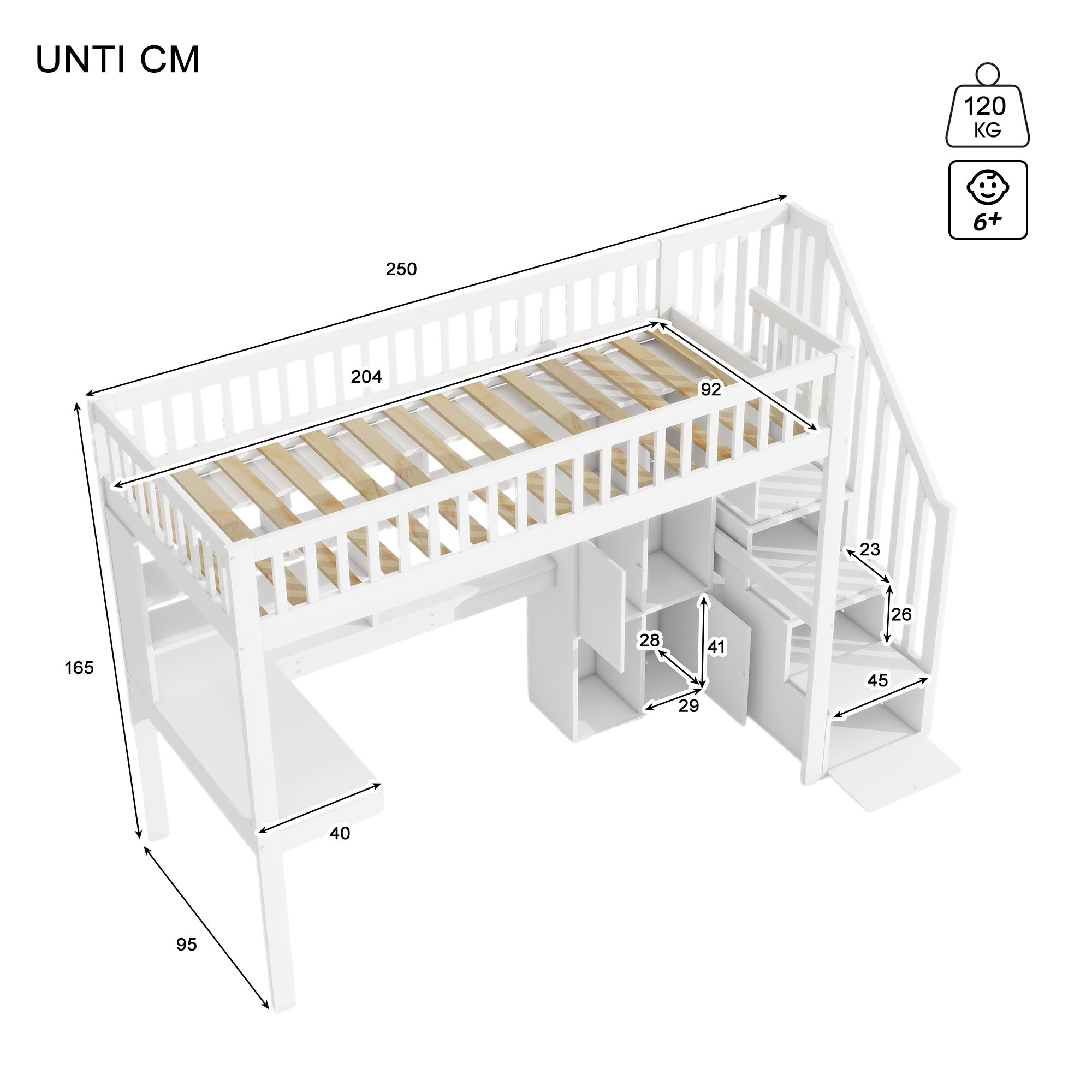 Lit mezzanine en bois 90x200cm, Lit superposé avec escalier de rangement et bureau, éclairage LED, lit d'enfant avec sommier à lattes, blanc - 4