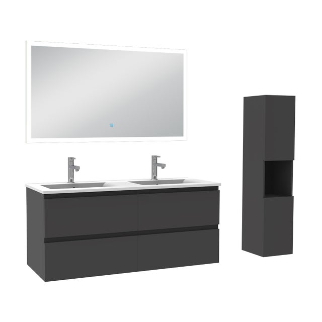 Ensemble meubles Salle de Bain 120cm double vasque + colonne + miroir lumineux Anthracite - OCEAN