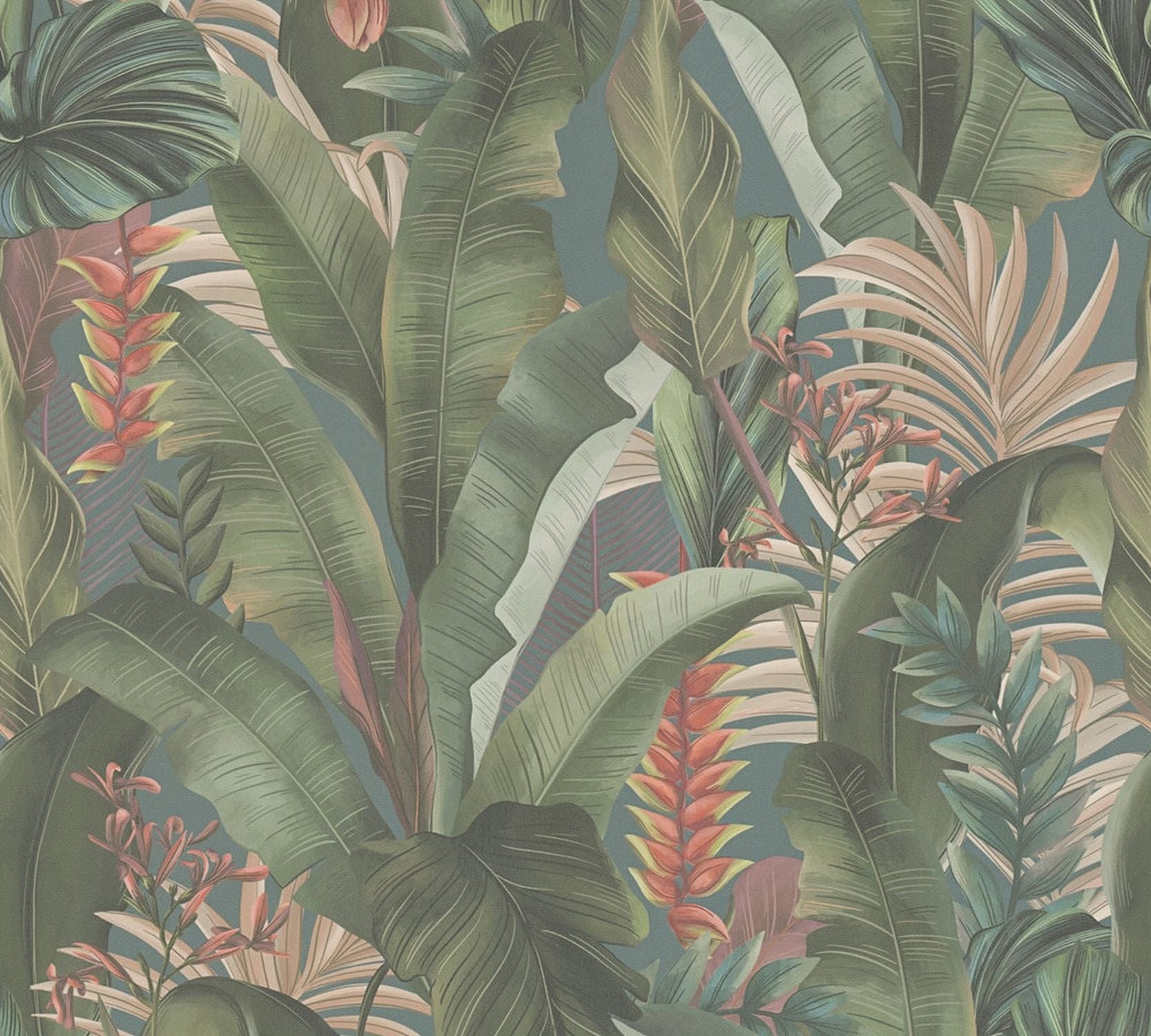 Tapeta tropikalne liście niebieskim,petrol blue,zielonym,beżowymIczerwonym - 53 cm x 10.05 m - LIVINGWALLS