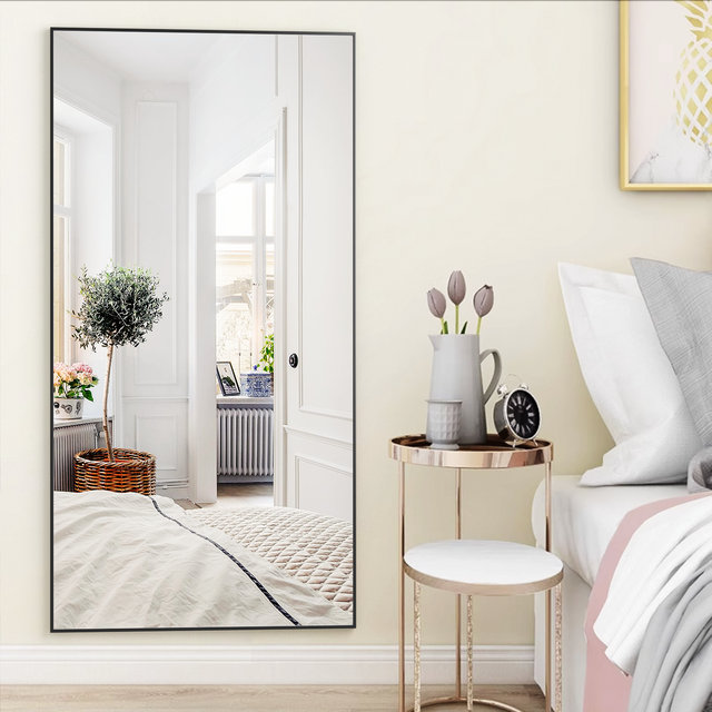 Espejo rectangular grande de 180 x 80 cm, espejo de cuerpo entero, espejo de dormitorio de pie o de pared, marco de aluminio, espejo negro