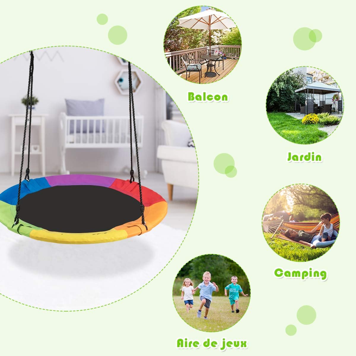 Balancoire Nid d’Oiseau Rond 100 CM a Suspendre, Grande Balancoire Ronde avec Hauteur Reglable de 100 a 160 CM - 5