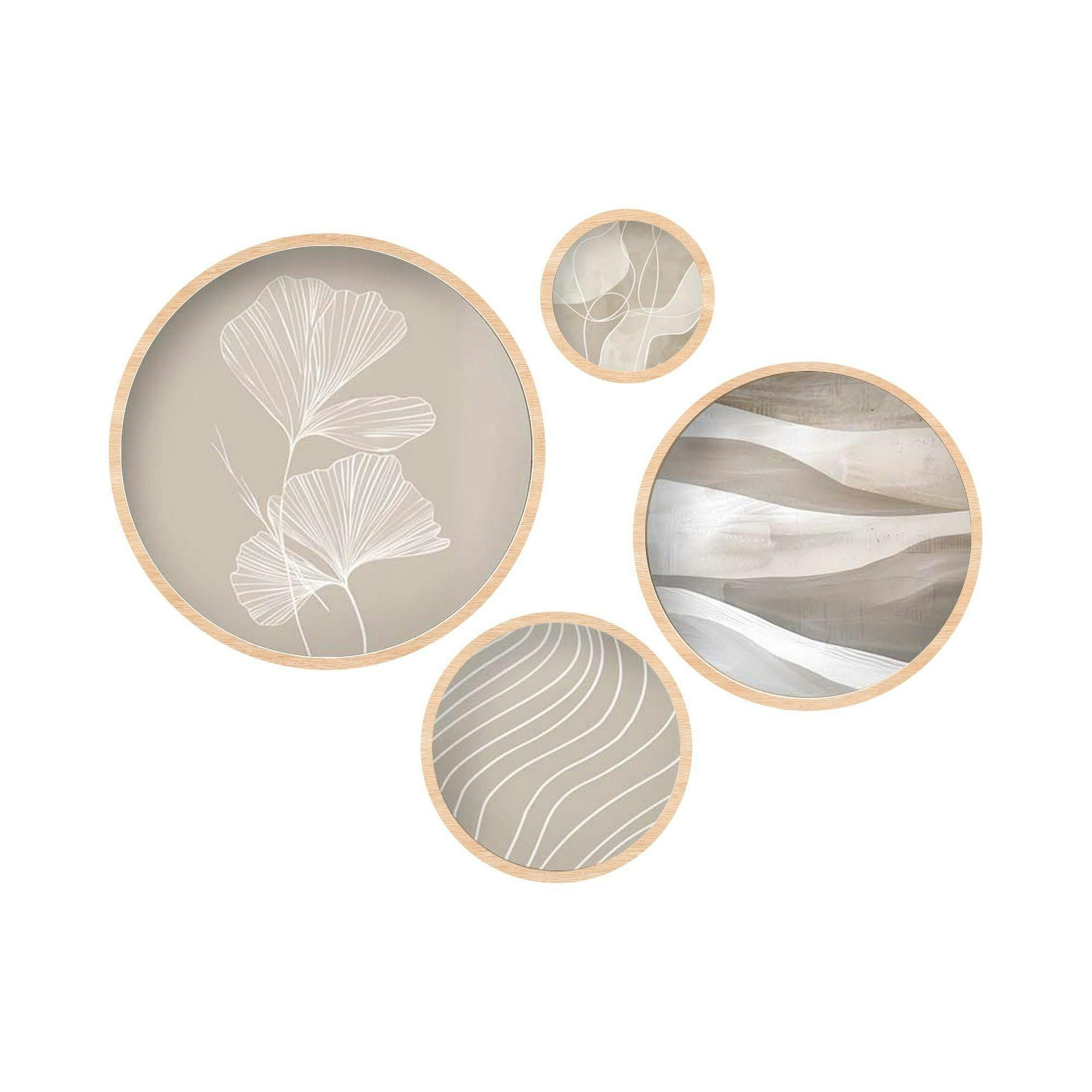 Tableau rond zen beige et bois – nature abstraite (set de 4) - 2