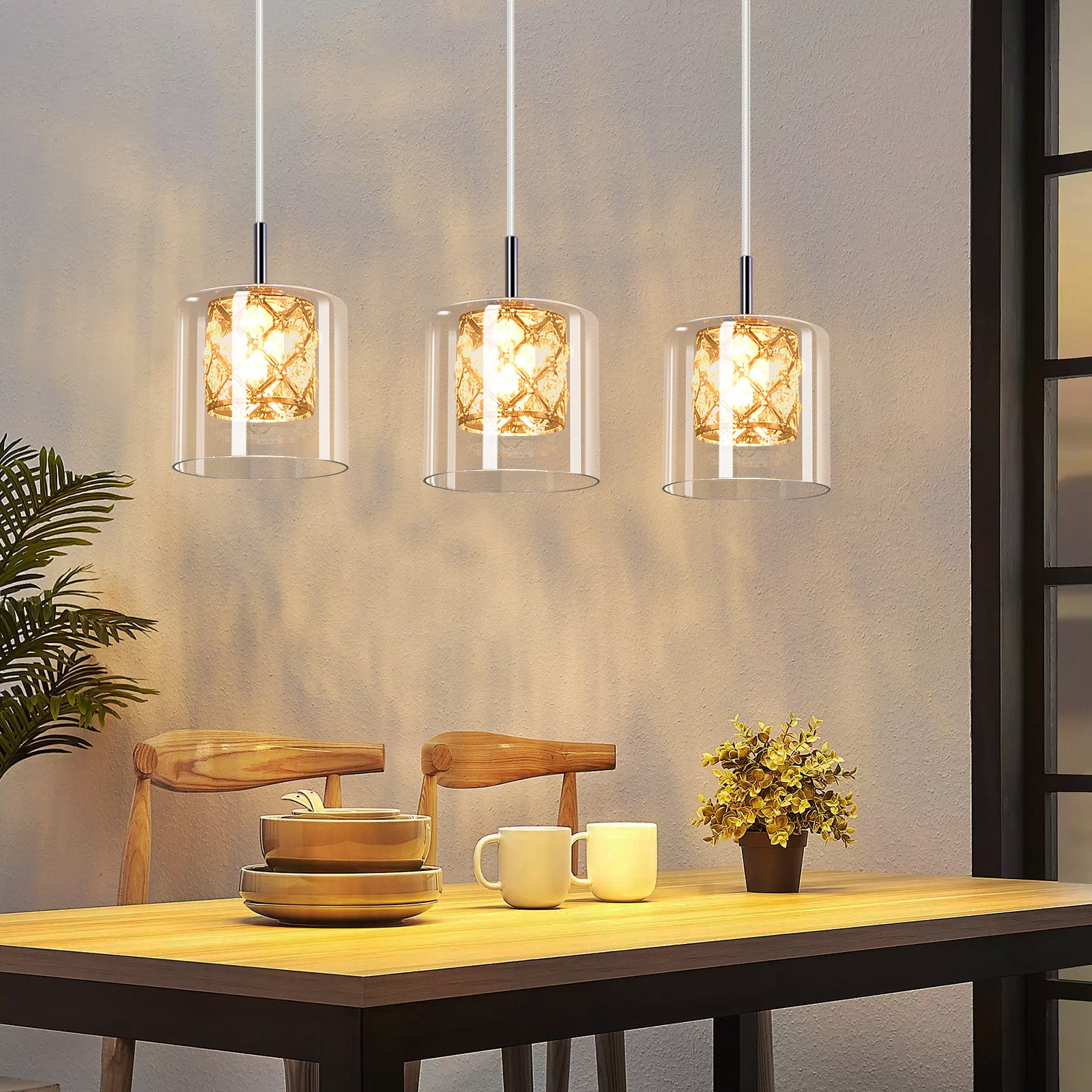 NETTLIFE Candeeiro Suspenso Mesa de Jantar G9 3 Lâmpadas Vidro Cristal Vintage 120cm Altura Ajustável Moderno para Sala e Jantar (Sem Lâmpadas) - 2