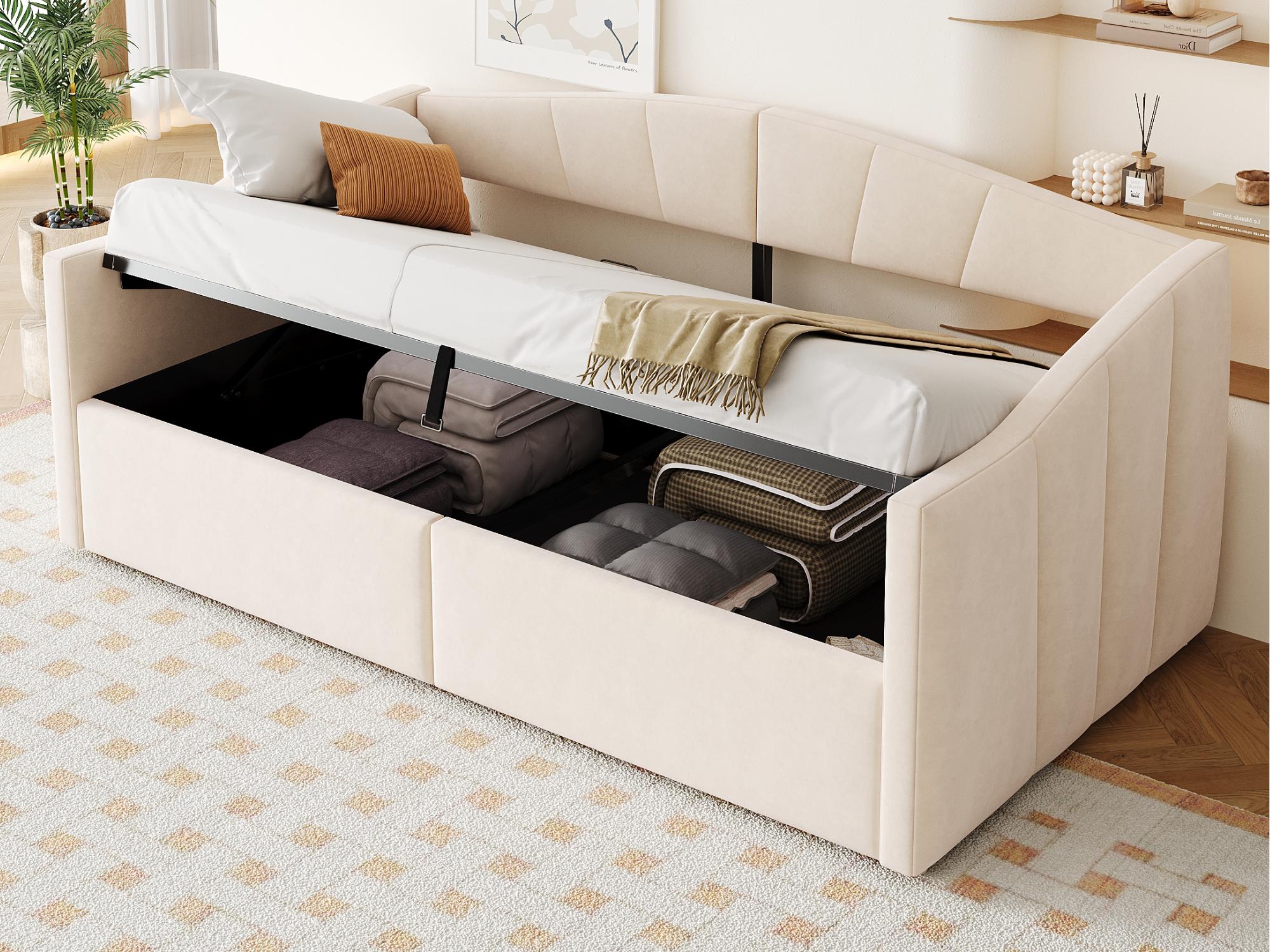 Rozkładana sofa z pojemnikiem 90x200cm - stelaż lamelowy - tkanina welurowa - beżowy​ (materac nie jest wliczony w cenę)