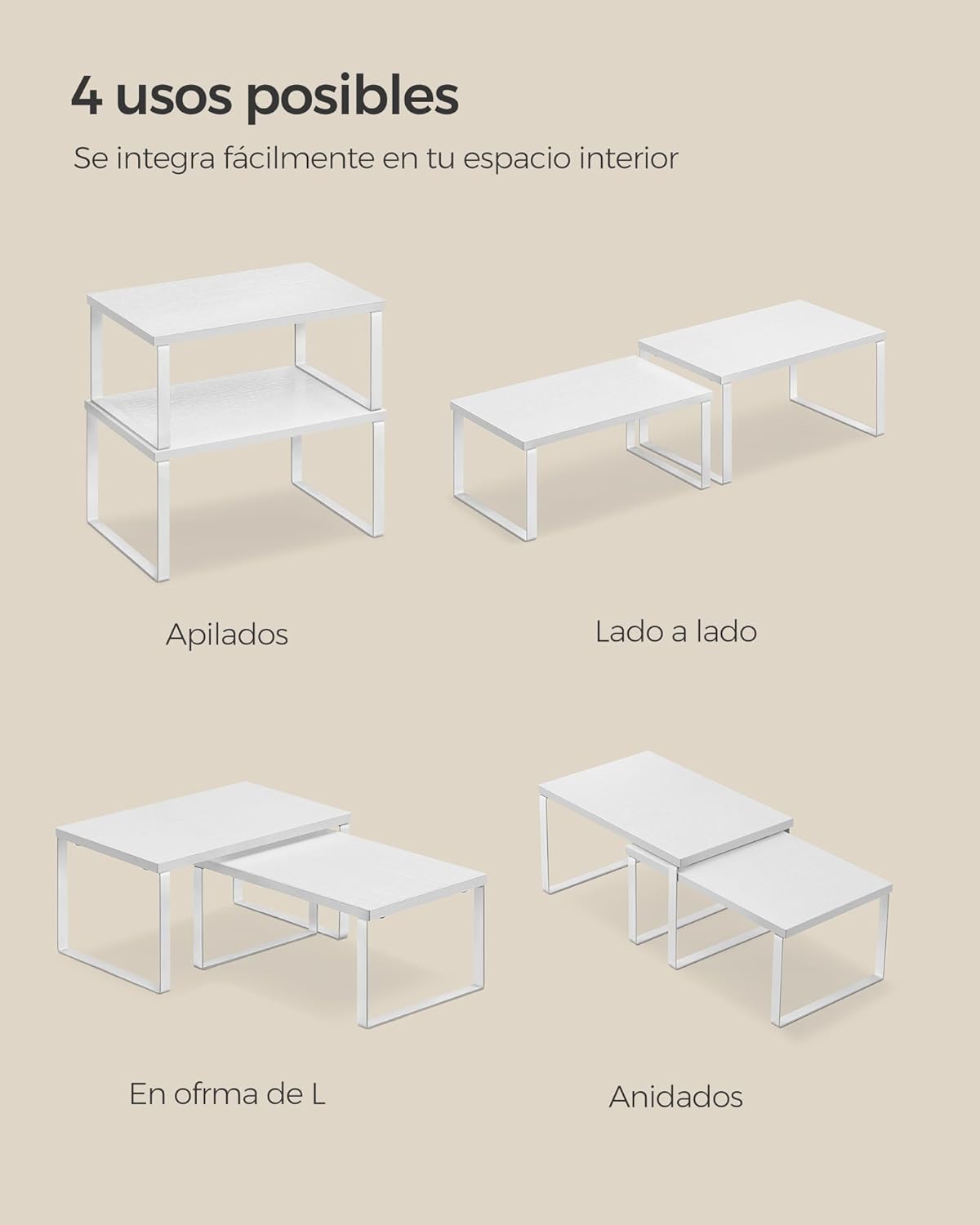 Juego de 4 Estantes de Cocina, para Almacenamiento, Apilables, Expandibles, Metal y Madera de Ingeniería, Blanco Nube y Blanco Nieve - 7