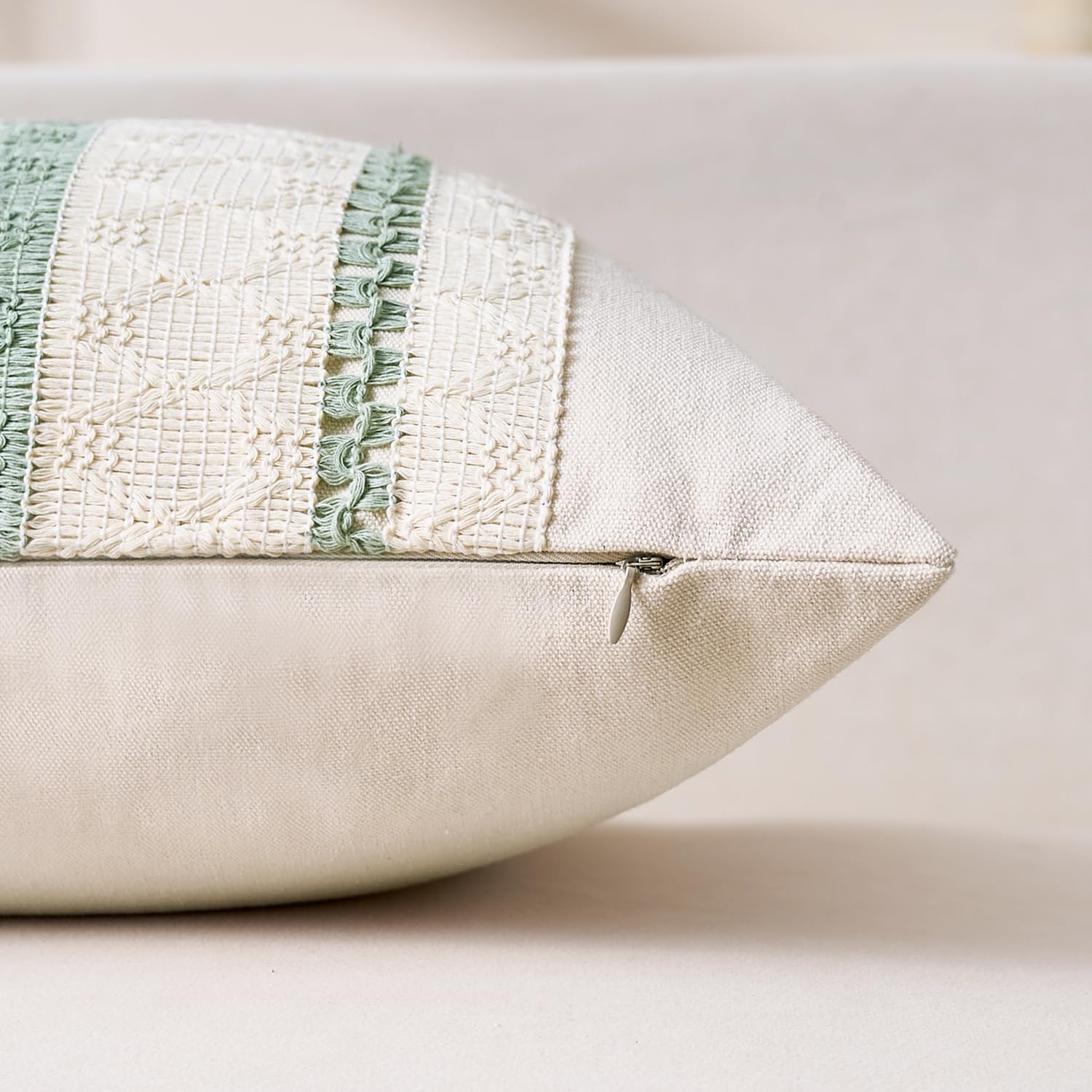 Housse Coussin 40x40 Vert Sauge Bohème Texturée à Rayures Tissées Décoratives Moderne Boho Housse de pour Maison Salon Chambre Décoration Lot de 2 - 5