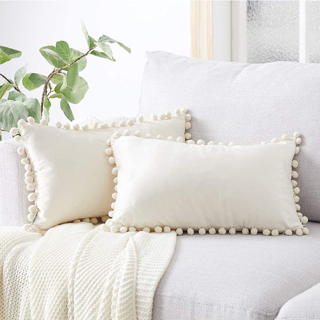 Housse Coussin 30x50 cm Blanc Moutarde Decoration Salon Maison Scandinave Lot de 2 Protege Oreiller Velours Doux Double Face Rectangulaire à Couleur U