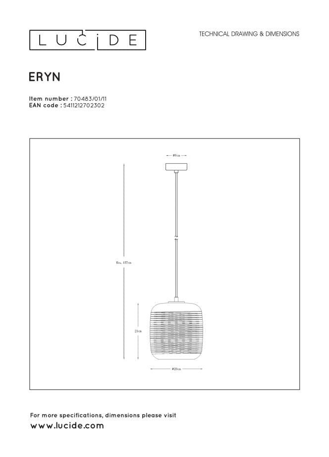 Lucide ERYN - Suspension - Ø 20 cm - 1xE27 - Chrome - 6