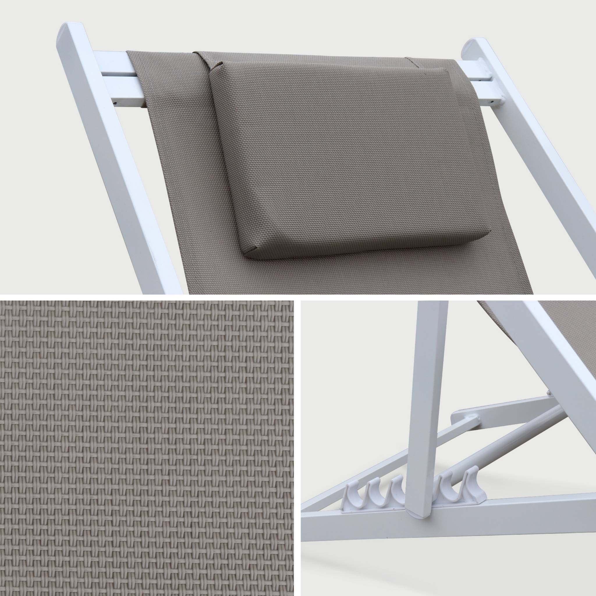 Lot de 2 bains de soleil - Gaia taupe - en aluminium blanc et textilene taupe avec coussin repose tête. chilienne - 4