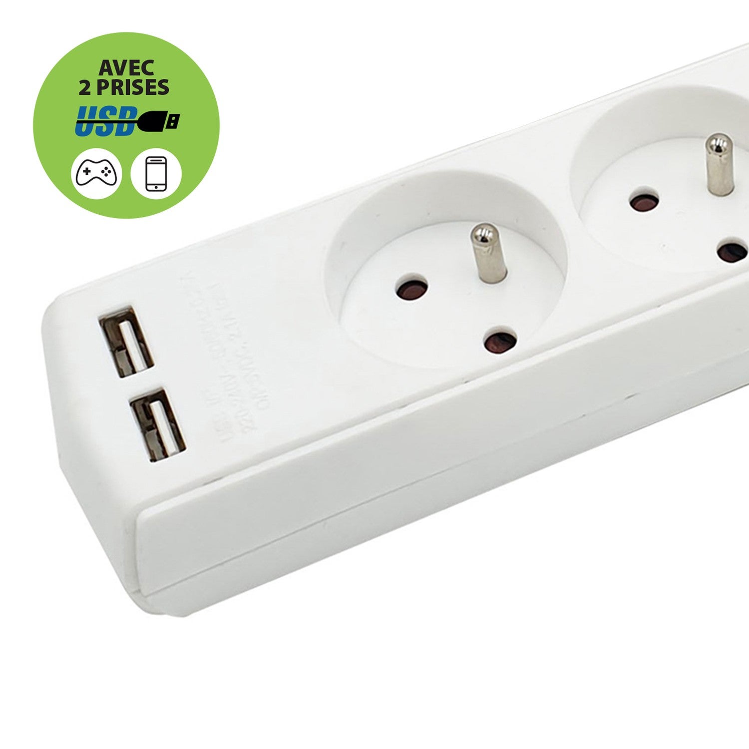 Multiprise 5 sorties + 2 USB. Cable 1,5m - 3