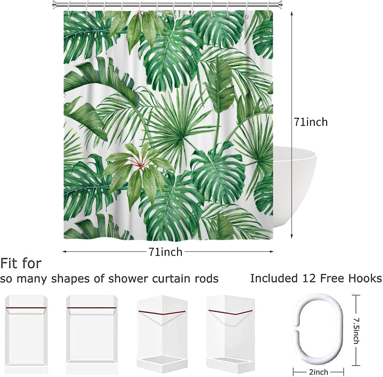 Rideau De Douche Motif Feuilles De Palmier Tropical - 180x210 Cm, Polyester Imperméable, Lavable En Machine, Crochets Inclus - Design Moderne - 7